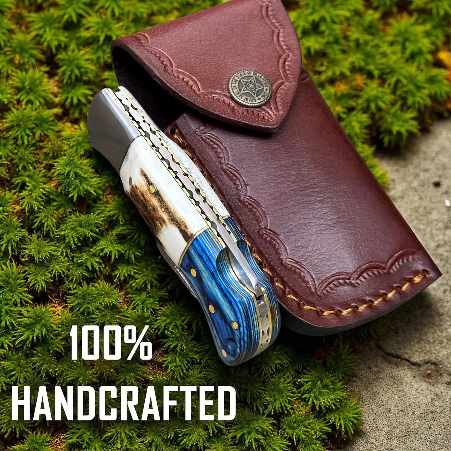 WINTERFELL Personalized Damascus Pocket Knife For Men, 6.5" Handmade Engraved Folding Knives with Leather Sheath For Hunting, Camping, Hiking, Stag Antler Handle Back Lock Knife, Customized