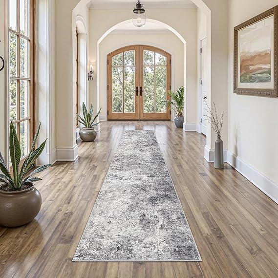 2X10 Washable Runner Rug for Hallway: Soft Neutral Modern Abstract Area Rug - Non-Slip Low Pile Long Throw Indoor Carpet for Kitchen Entryway Kitchen Bedroom Laundry - Grey