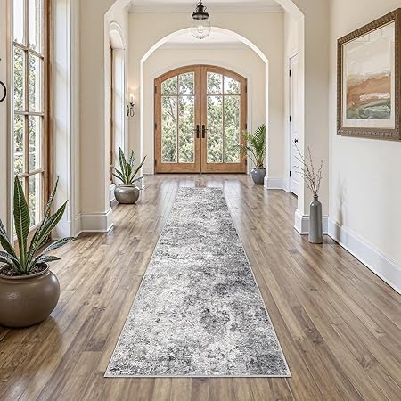 2X10 Washable Runner Rug for Hallway: Soft Neutral Modern Abstract Area Rug - Non-Slip Low Pile Long Throw Indoor Carpet for Kitchen Entryway Kitchen Bedroom Laundry - Grey