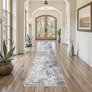 2X10 Washable Runner Rug for Hallway: Soft Neutral Modern Abstract Area Rug - Non-Slip Low Pile Long Throw Indoor Carpet for Kitchen Entryway Kitchen Bedroom Laundry - Grey