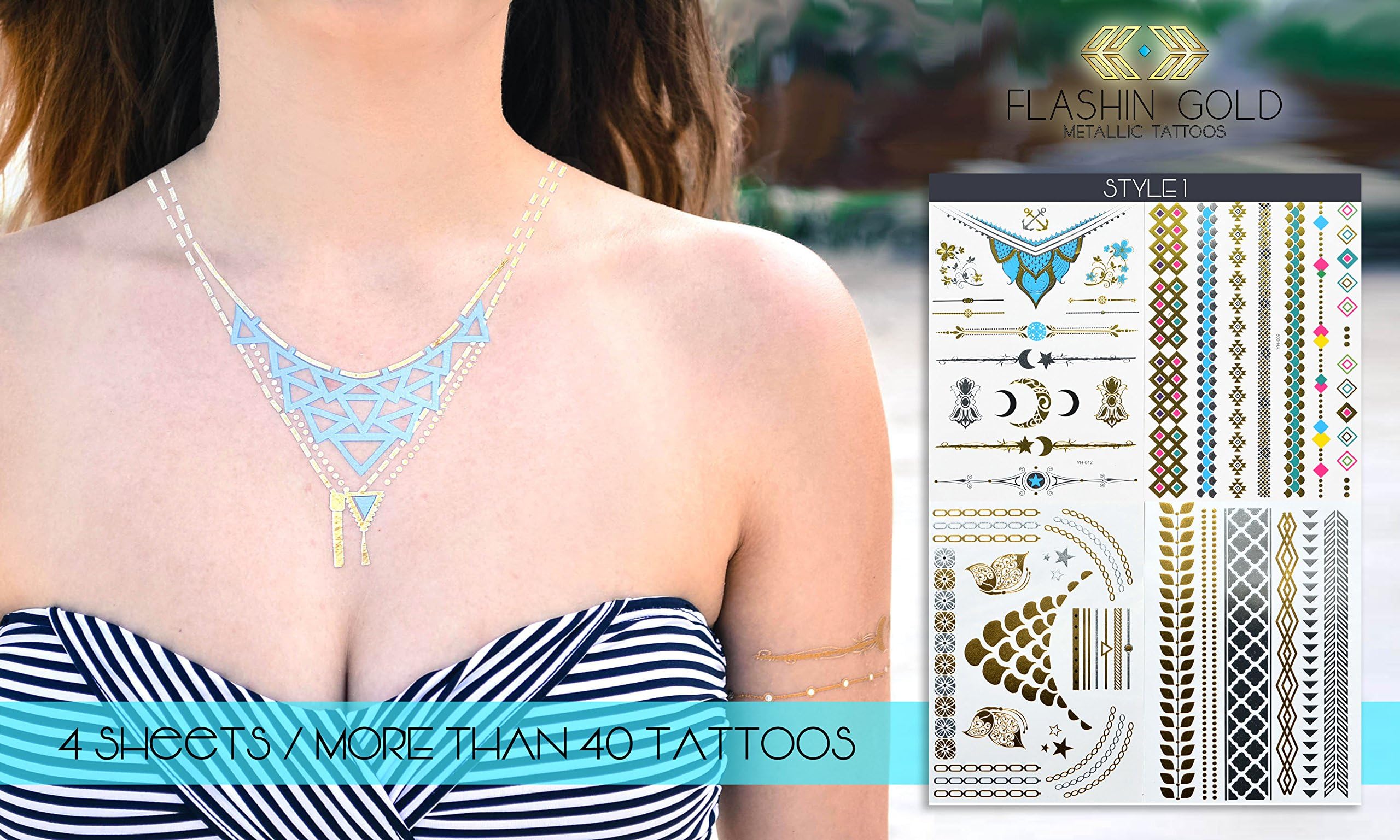 Miuphro Metallic Tattoos Gold, Silver, Black and Blue, Best Temporary Color Body Tattoos, 4 Sheets Pack of Most Popular and Stylish Designs, Jewelry, Bracelets, Bands, Necklace, Tribal Style, Mandalas, Style 1