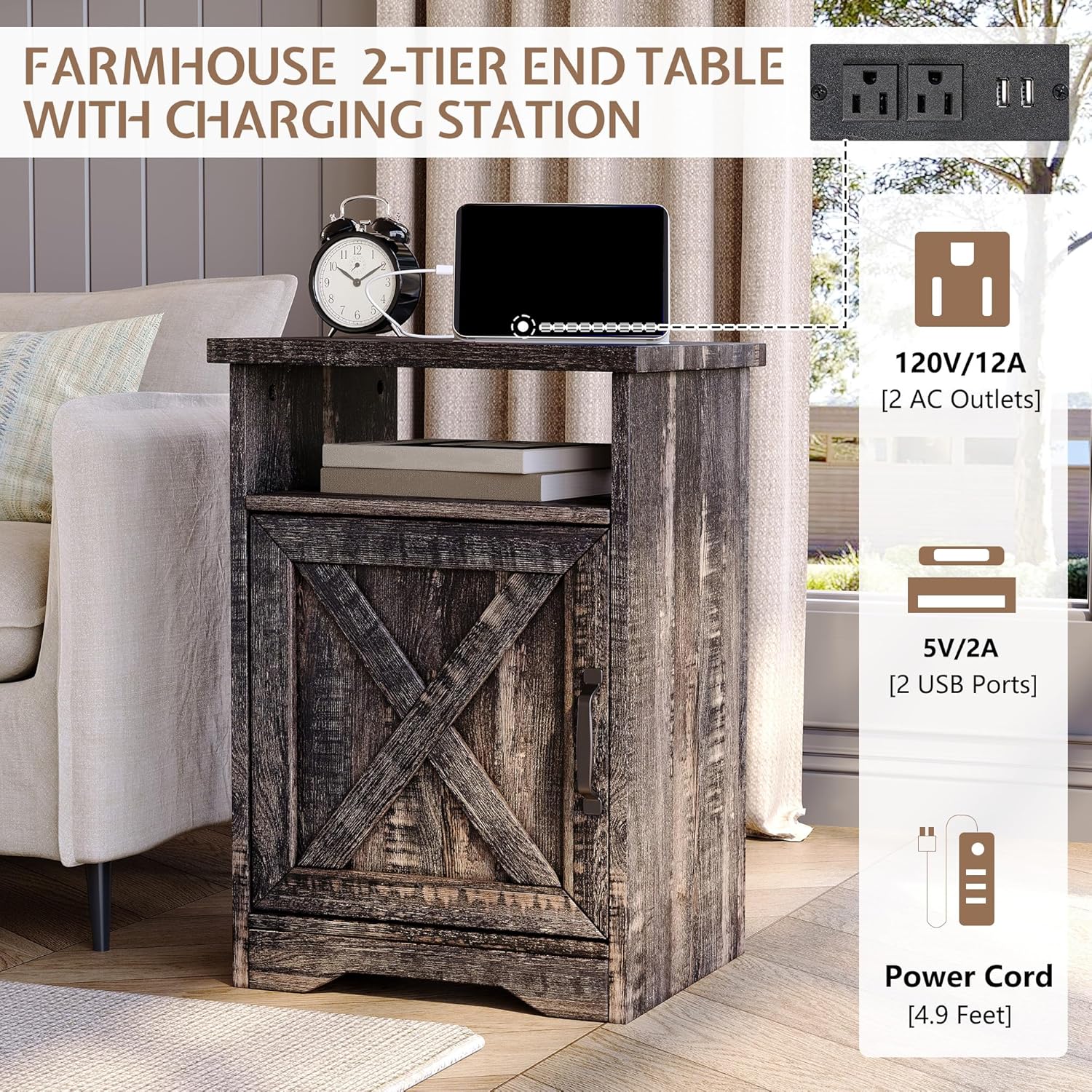 5-Piece Farmhouse Living Room Table Sets, Includes 75" Rustic TV Stand with 36" 3-Sided Glass Fireplace, 40" Coffee Table and 2 End Tables with Charging Station & Barn Doors, Black Oak 75in Black Oak