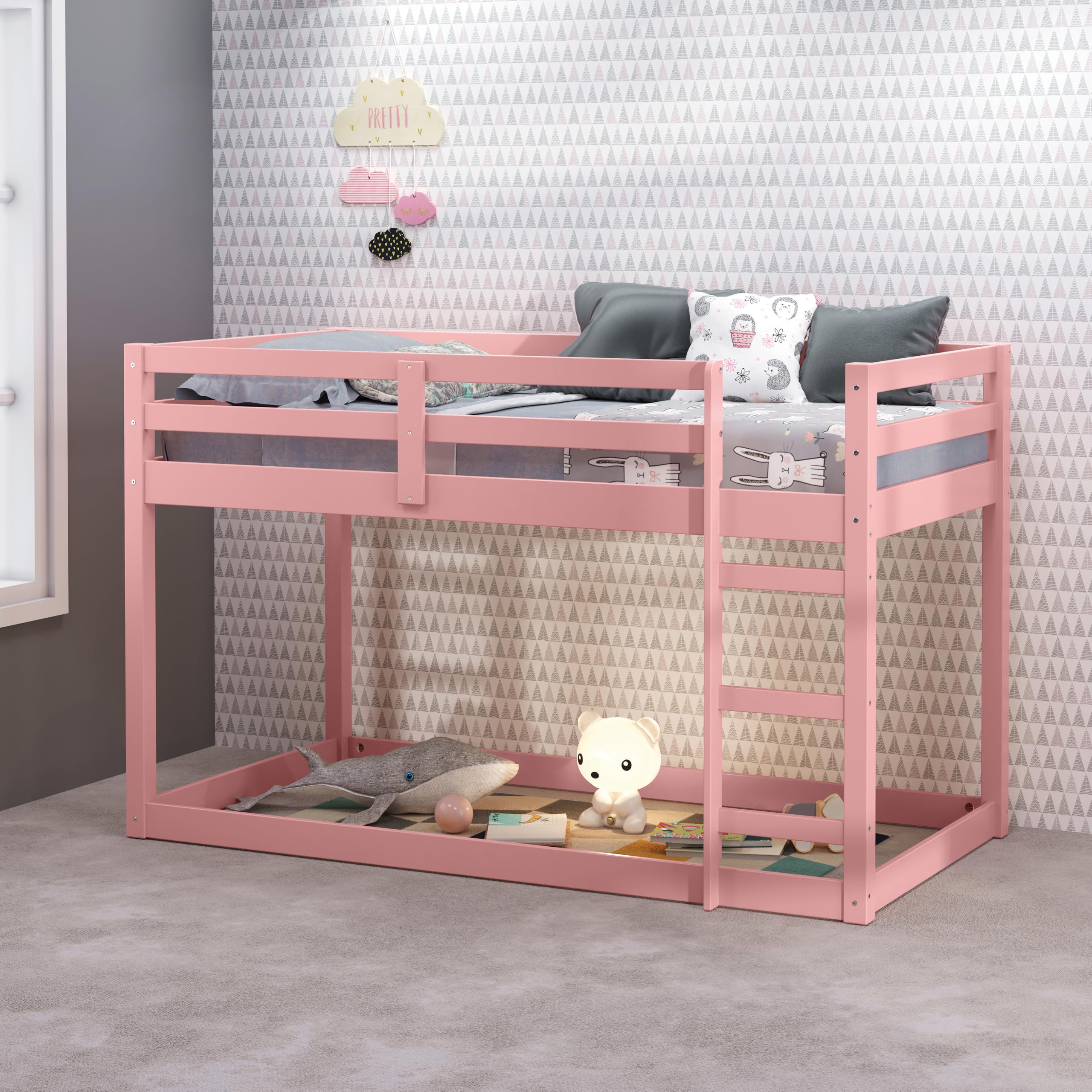 KT Rolster Wooden Loft Bed Twin Size, Kids Bed with Guardrail and Safety Ladder, Toddler Loft Bed Twin with Sturdy Wood, Bedroom Furniture for Kid Dorm Girls Boys, Space-Saving, Pink