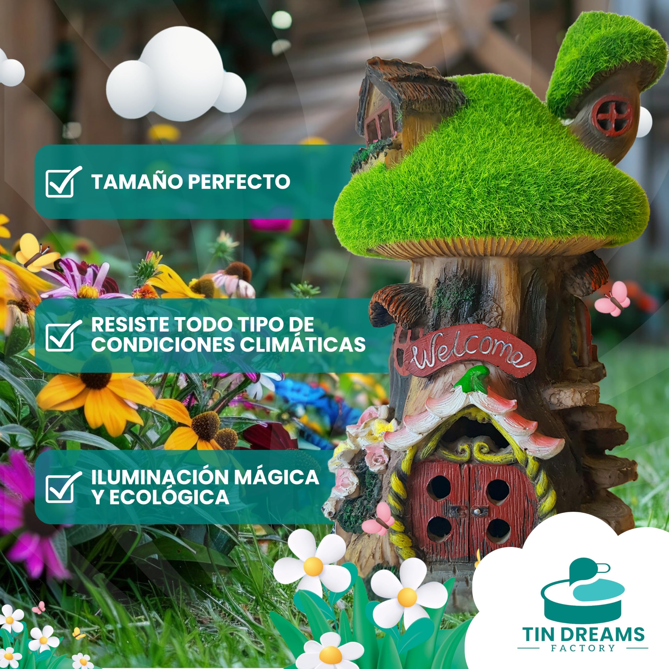 Casita de Hadas para Jardín con Luz Solar - Fairy Tree House en Resina - Decoración Exterior Jardín, Patio, Terraza - Adorno Mágico con Luz LED para Ambientes Encantados