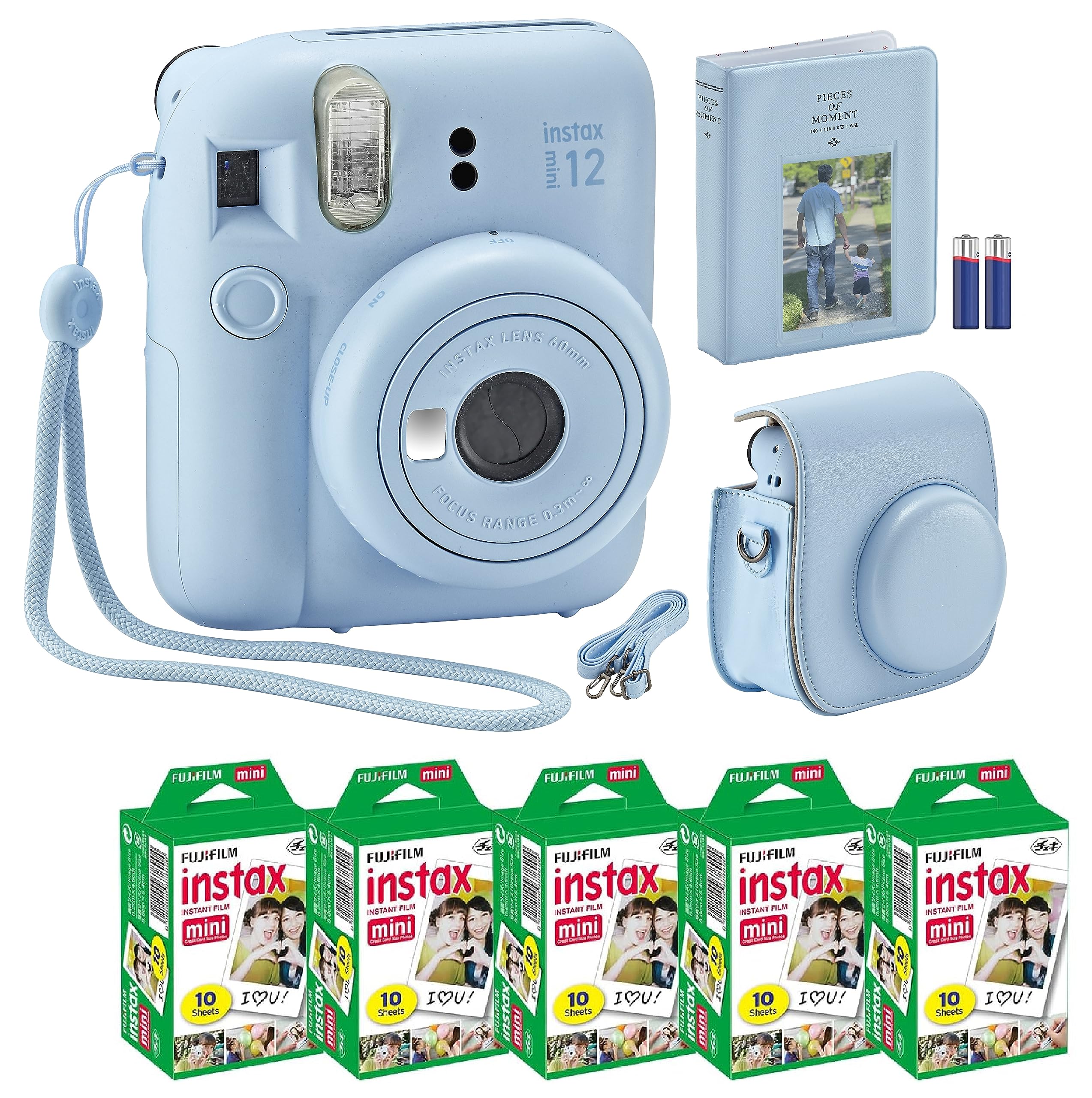 Fujifilm Instax Mini 12 Instant Camera Pastel Blue MiniMate Accessory Bundle & Compatible Custom Case + Fuji Instax Film Value Pack (50 Sheets) Pastel Blue Designer Photo Album (Pastel Blue)