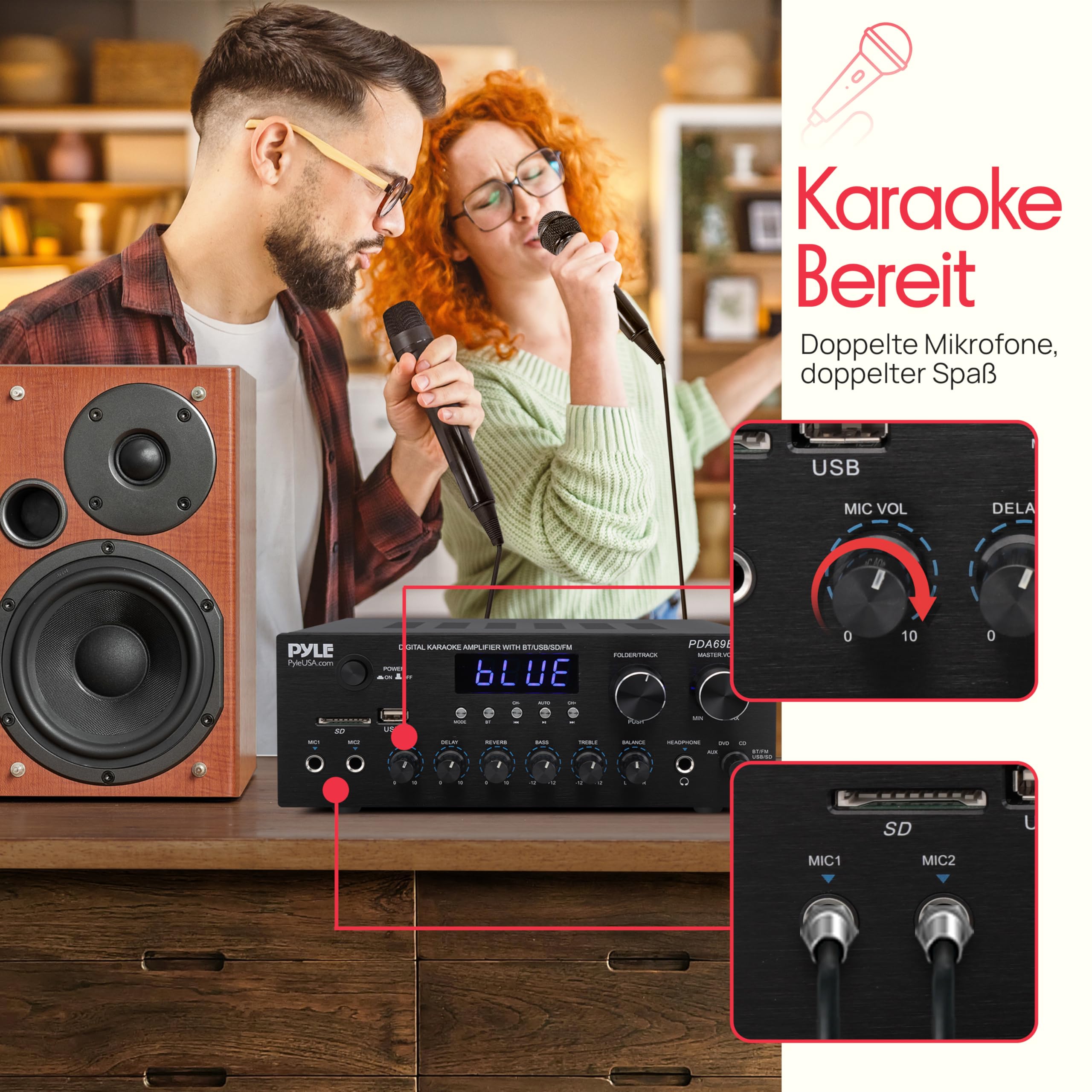 Pyle Stereo Amplifier Audio Receiver with Remote Control - Bluetooth Streaming, MP3/USB/SD/FM Radio, 2.0 Channel HiFi Sound System with RCA/Aux Inputs, Microphone & Headphone Jacks, Adjustable Bass