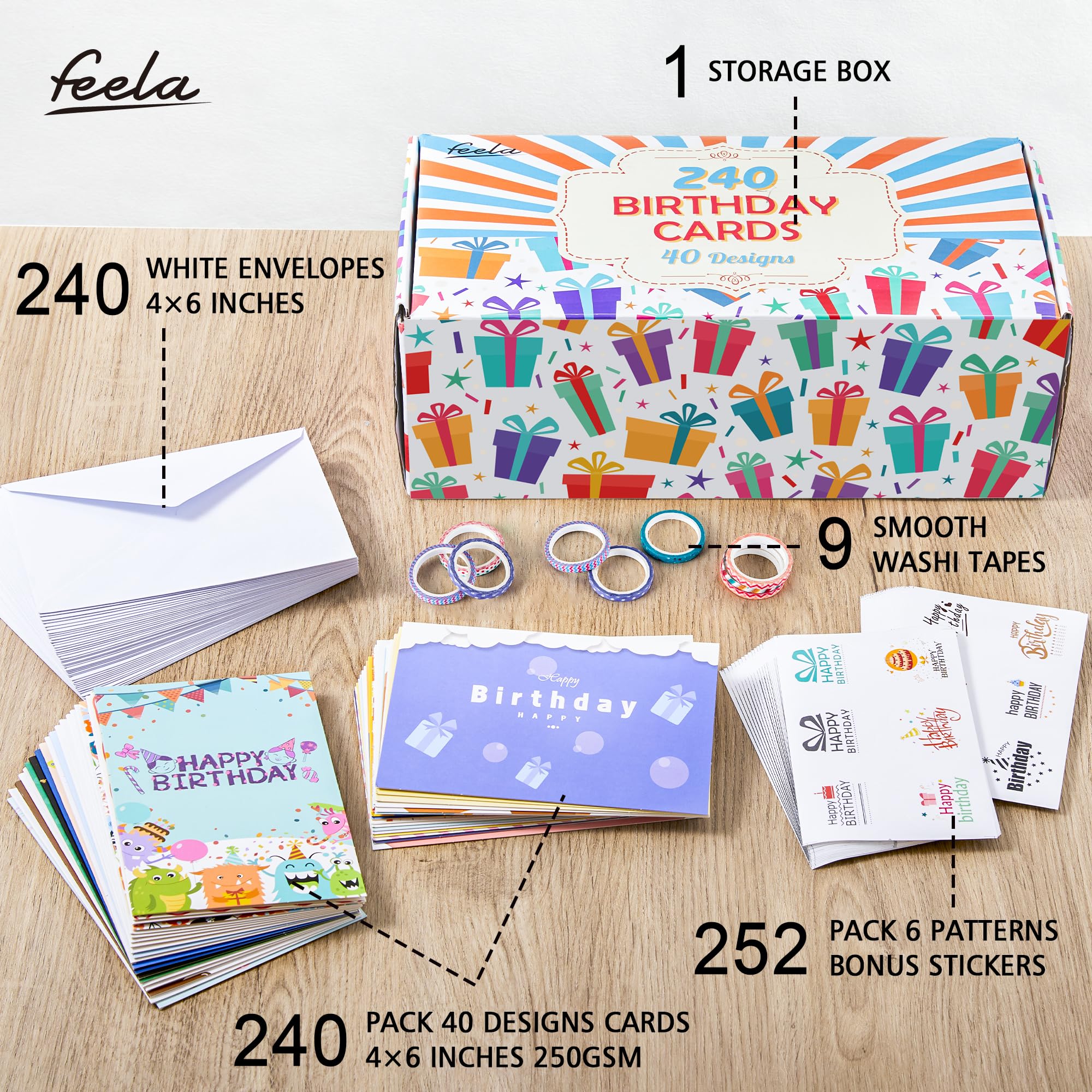 feela Biglietti di compleanno, confezione da 240 pezzi, 40 motivi assortiti, con 240 buste vuote, 252 adesivi, 9 nastri Washi, biglietti di auguri per dipendenti e familiari, 10,2 x 15,2 cm