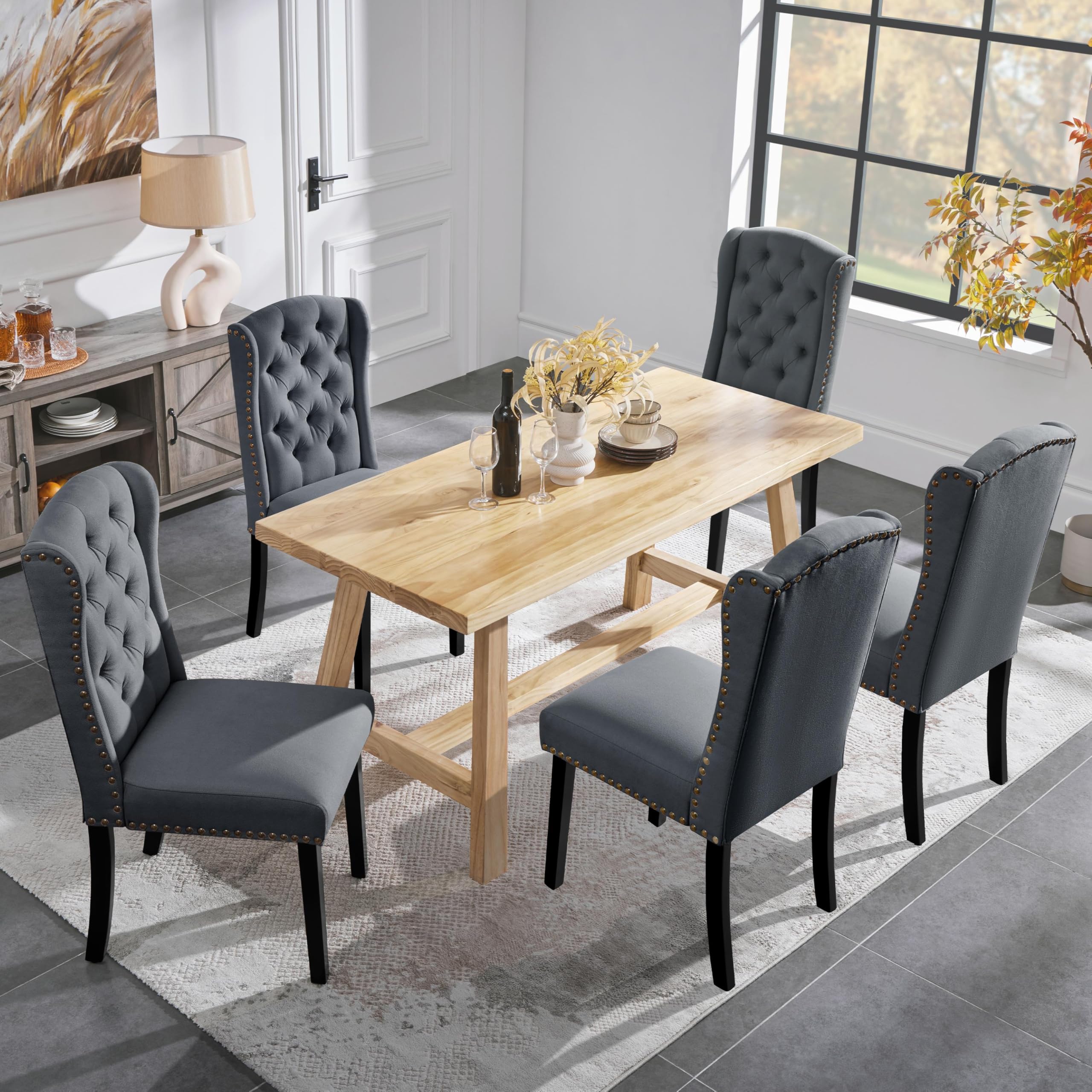 Yaheetech Juego de 6 Sillas de Cocina Tela Diseño de Botones Gris Oscuro | Silla de Cocina Tapizada de Tela, Silla Comedor Diseño Botones, Estilo Clásico, Pata de Madera, Ideal para Restaurante