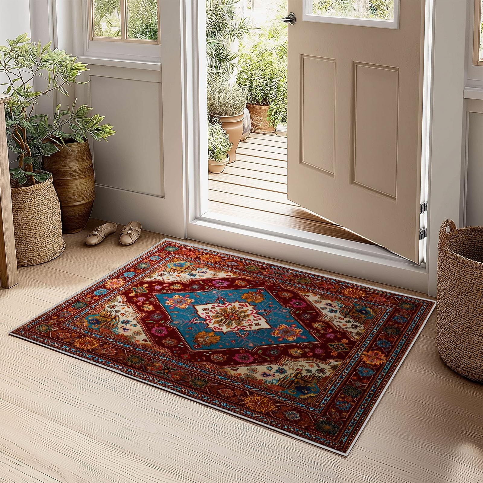 Generico Tappeto Salotto Tradizionale Orientale Natura Fiori, Pelo Corto Tappeto Morbido Camera da Letto Antiscivolo Lavabile Tappeti Soggiorno Cucina Tappeti di Zona Home Decor, Rosso 160 x 230 cm
