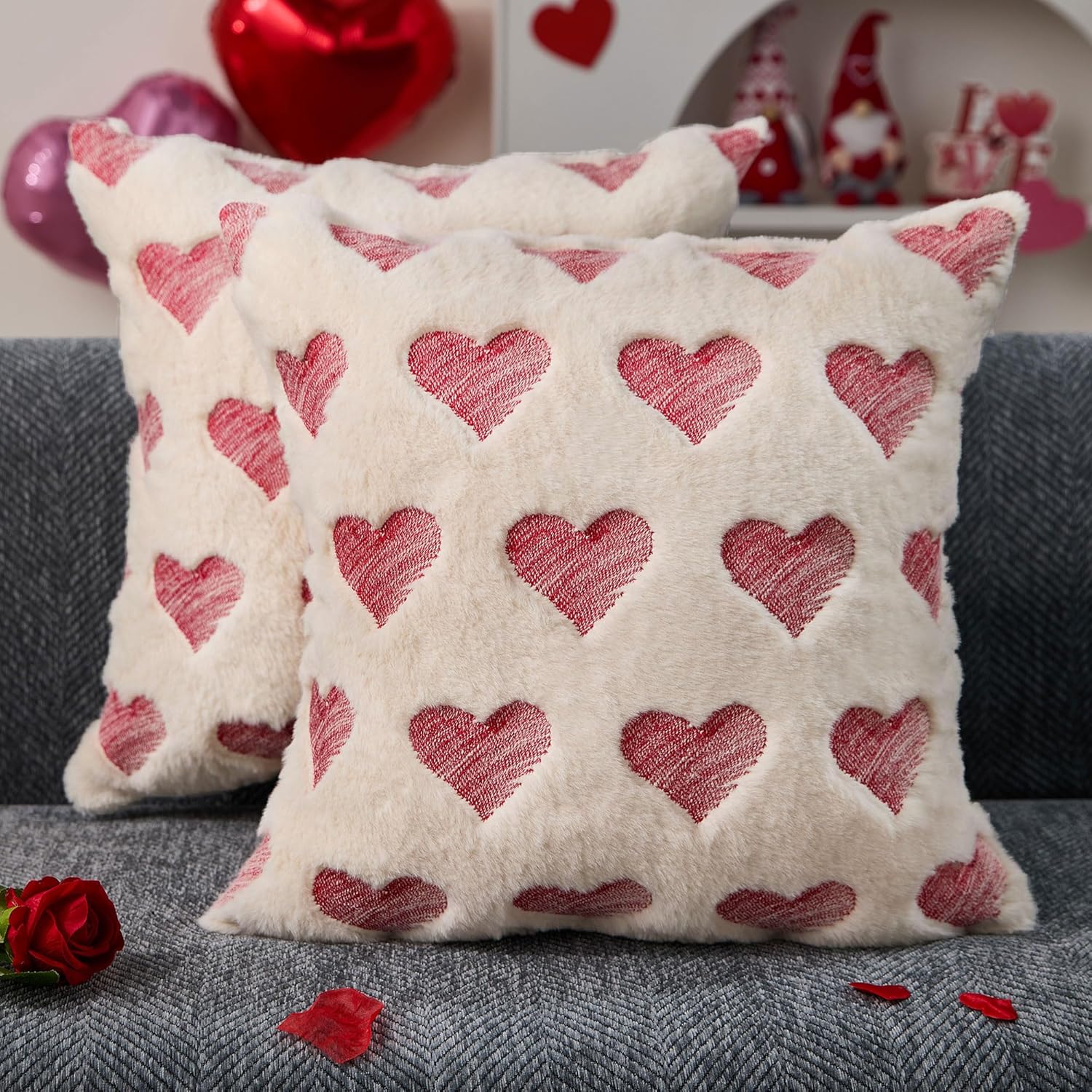 DFXSZ Valentines Pillow Covers 20x20 inch Set of 2 Valentines Day Decoration Red Embroidery Heart Soft Plush Faux Fur Jacquard Beige Throw Pillowcase for Bedroom Sofa Holiday Home Decor PTK073C20