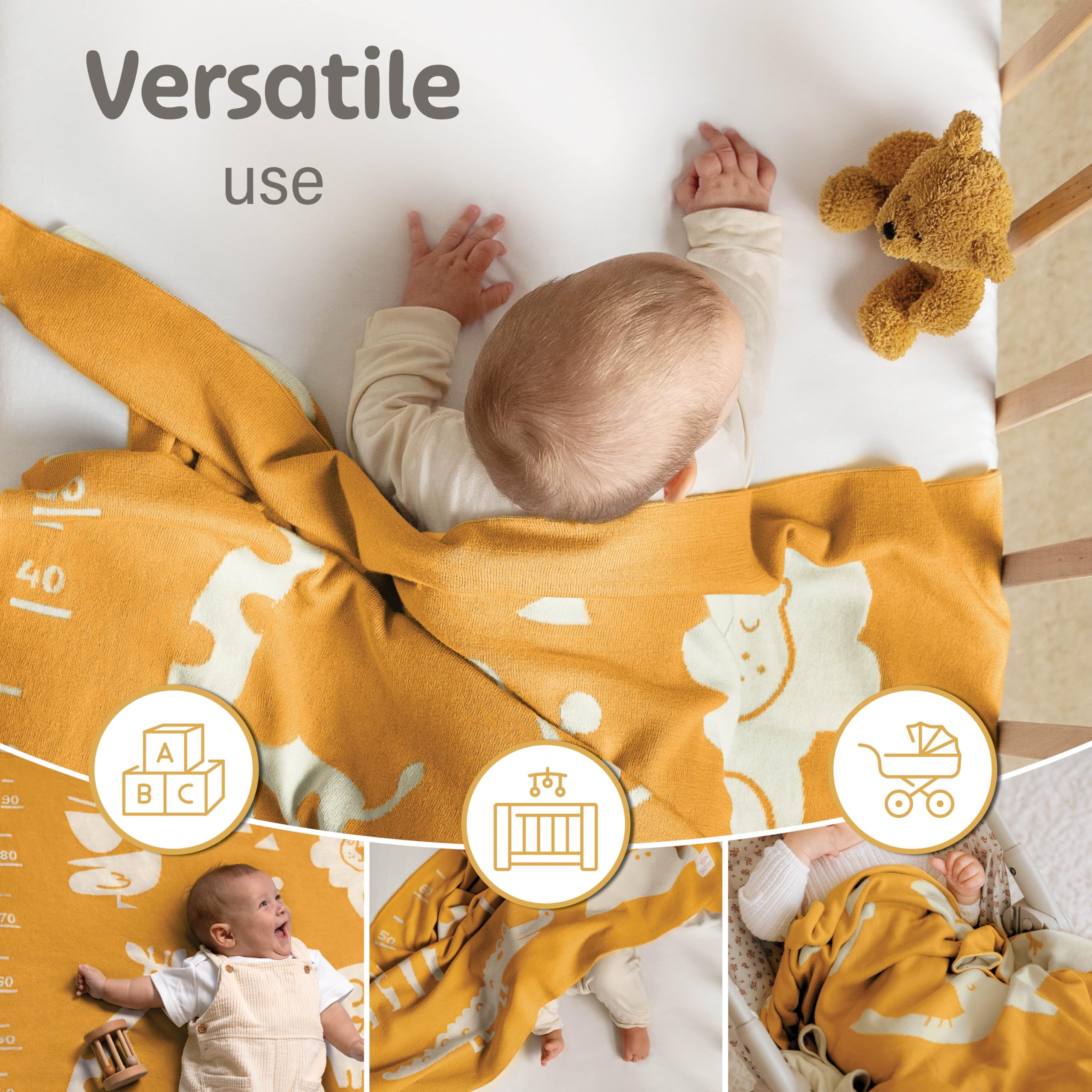 Merle Toys® Kocyk dziecięcy klasy premium, bawełna, 100% Bio – GOTS i Oeko-Tex, kocyk dla noworodków, ze skalą wzrostu, prezent z okazji narodzin, dla chłopców i dziewczynek, przytulny koc dla
