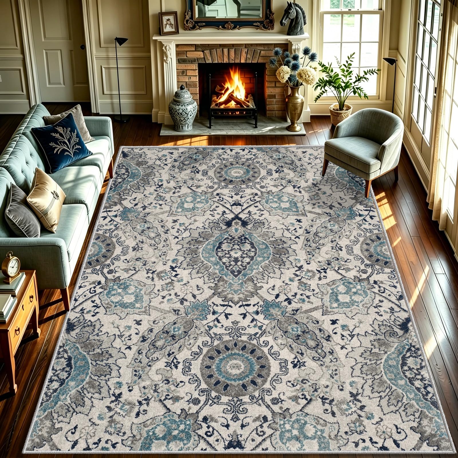 WUTONG Vintage Blue Rugs Living Room 200x300cm Extra Large,Persian Oriental Style Medallion Carpet,Washable Short Pile Faux Cashmere Non Slip Rug for Dining Room — image 1