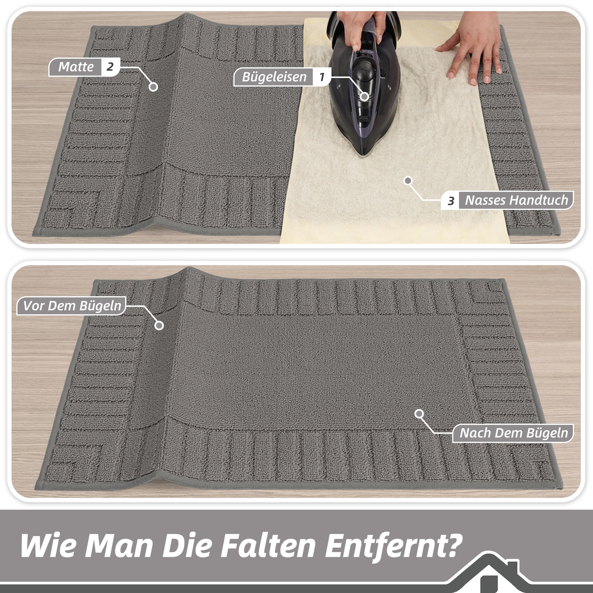 BEQHAUSE Teppich Küche Waschbar, 2 Stück rutschfest, 60 x 89 cm + 60 x 152 cm, Grau