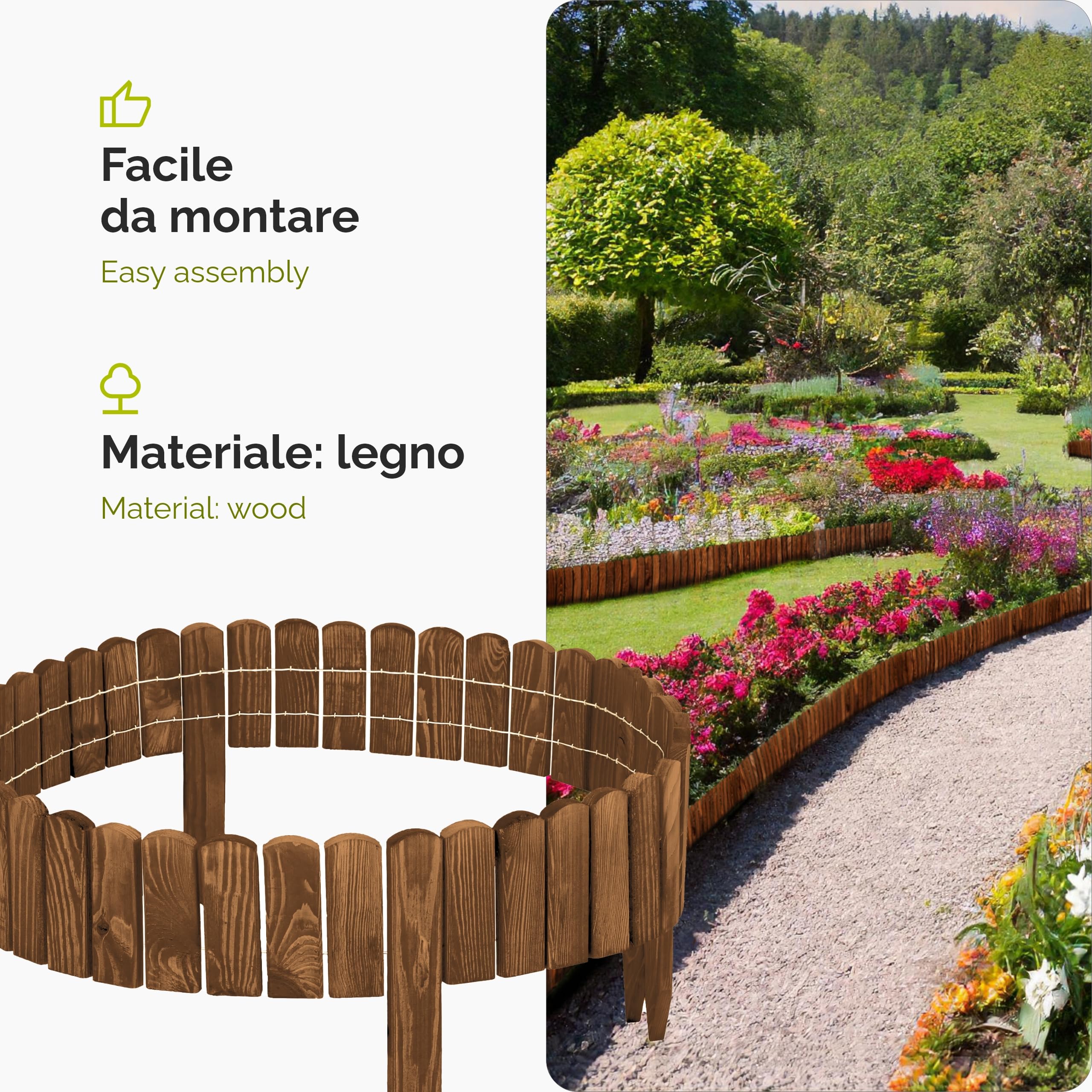 Garronda bordatura giardino bordura per aiuola staccionata in legno per giardino cordolo per aiuole Rollborder Recinzione Bassa Aiuola Lunghezza: 200 cm GD-0107 (Marrone scuro, Altezza: 10 cm)
