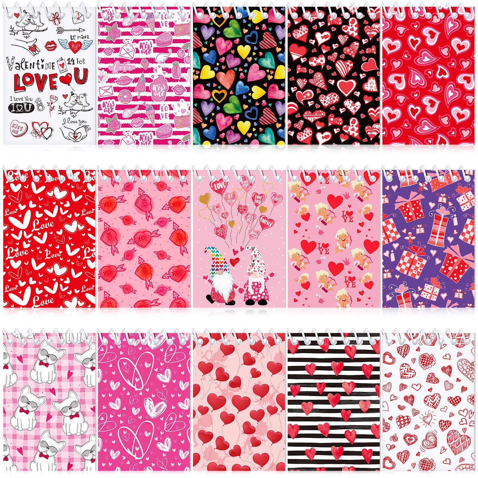 Zonon 15 Pieces Mini Valentine Day Notepads Sets with 15 Designs Valentine's Day Spiral Pad Notebooks Party Favors for School Supplies