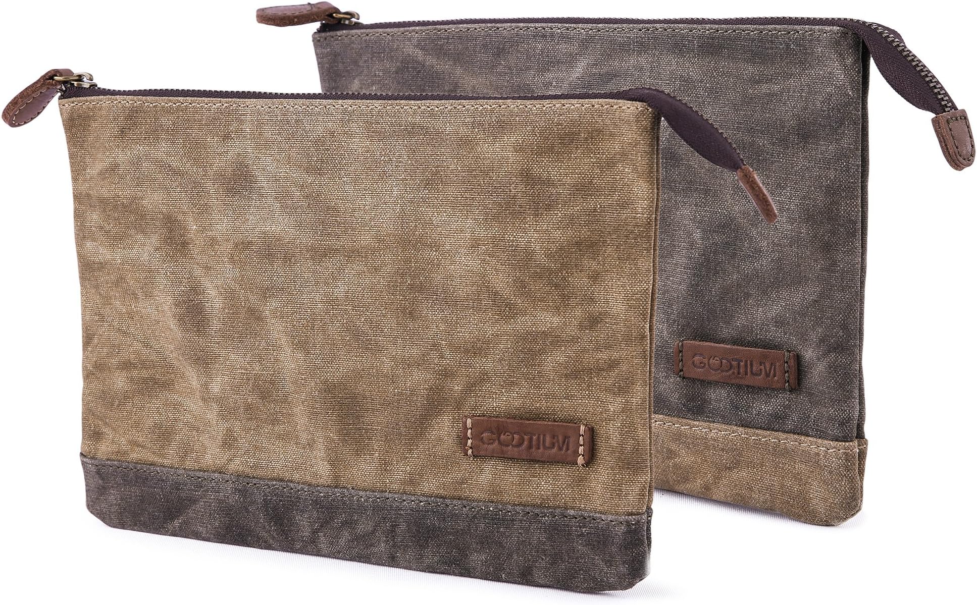 Gootium Waxed Canvas Zip Pouch Set - Zippered Makeup Bag Office Supply Folio Pencil Bag Multipurpose Organizer Accessories Holder (2 Pack)