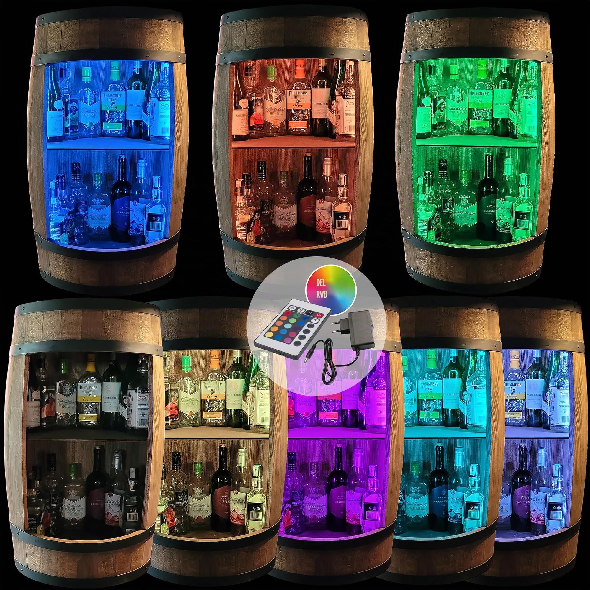 weeco Baril de vin éclairage LED RGB - Porte Bouteilles en Bois décoratif pour Le Salon - Casier à vin - Table de Bar - Tonneau en Bois - Casier à Vin - Armoire de Bar (wenge)