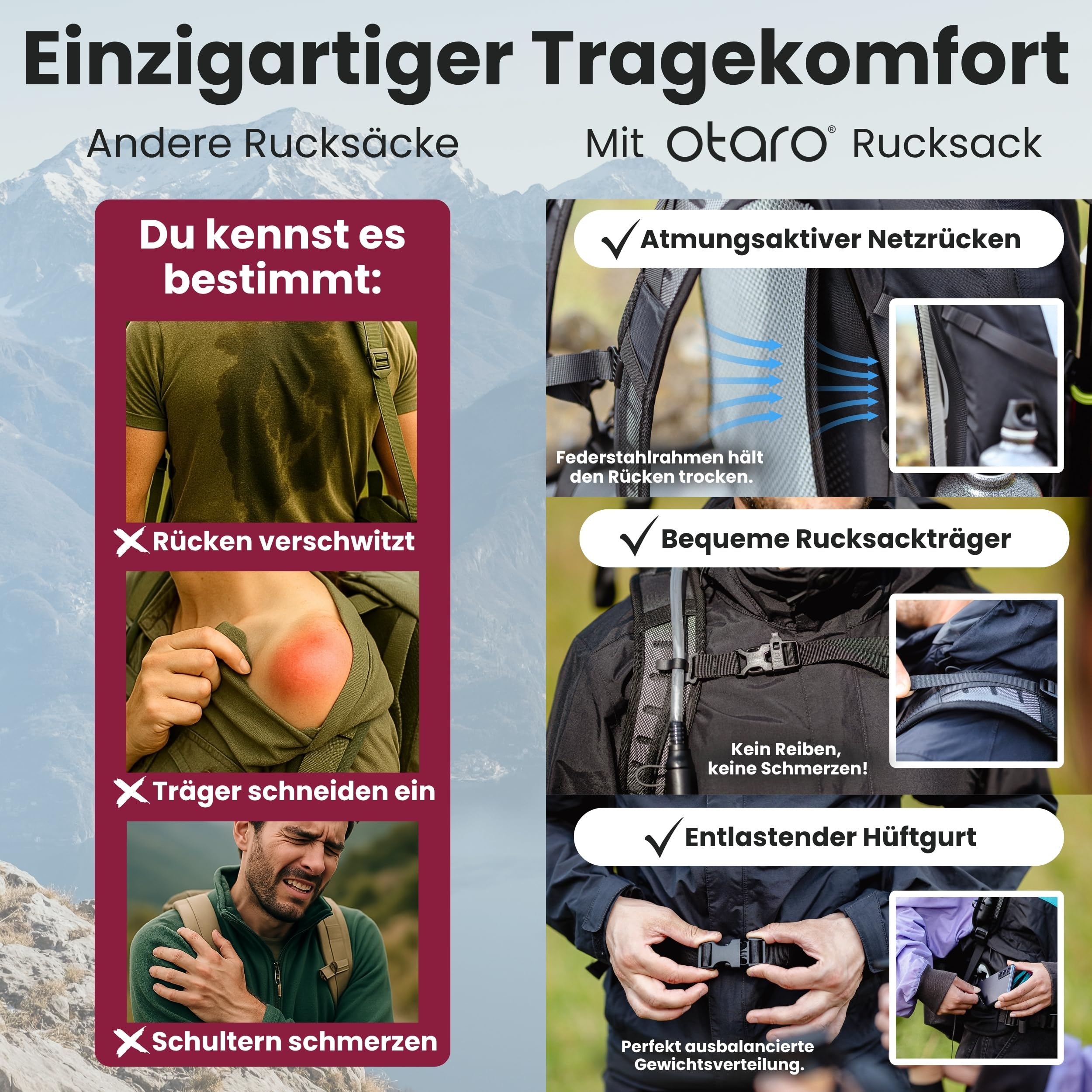 Otaro Wanderrucksack 20L (Weiß/Schwarz) Rucksack mit Rückenbelüftung & Regenschutz