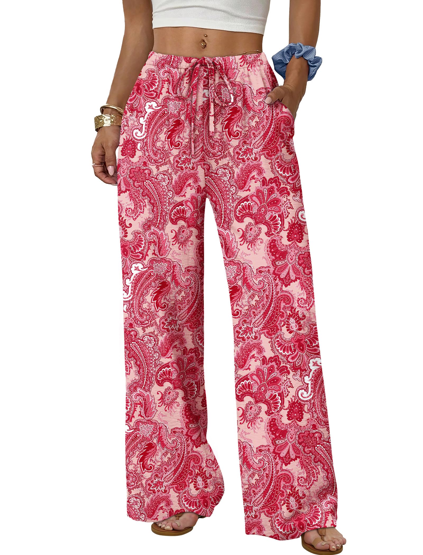 Sampeel Wide Leg Pants for Women Flowy Palazzo Drawstring Elastic Waist Trousers with Pockets Summer Beach Vacation Clothes — view 23