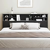 Vista 5 de Cabecera tamaño King solo para dormitorio, elegante cabecero de estantería King con estación de carga integrada y 2 luces LED, cabecera de madera