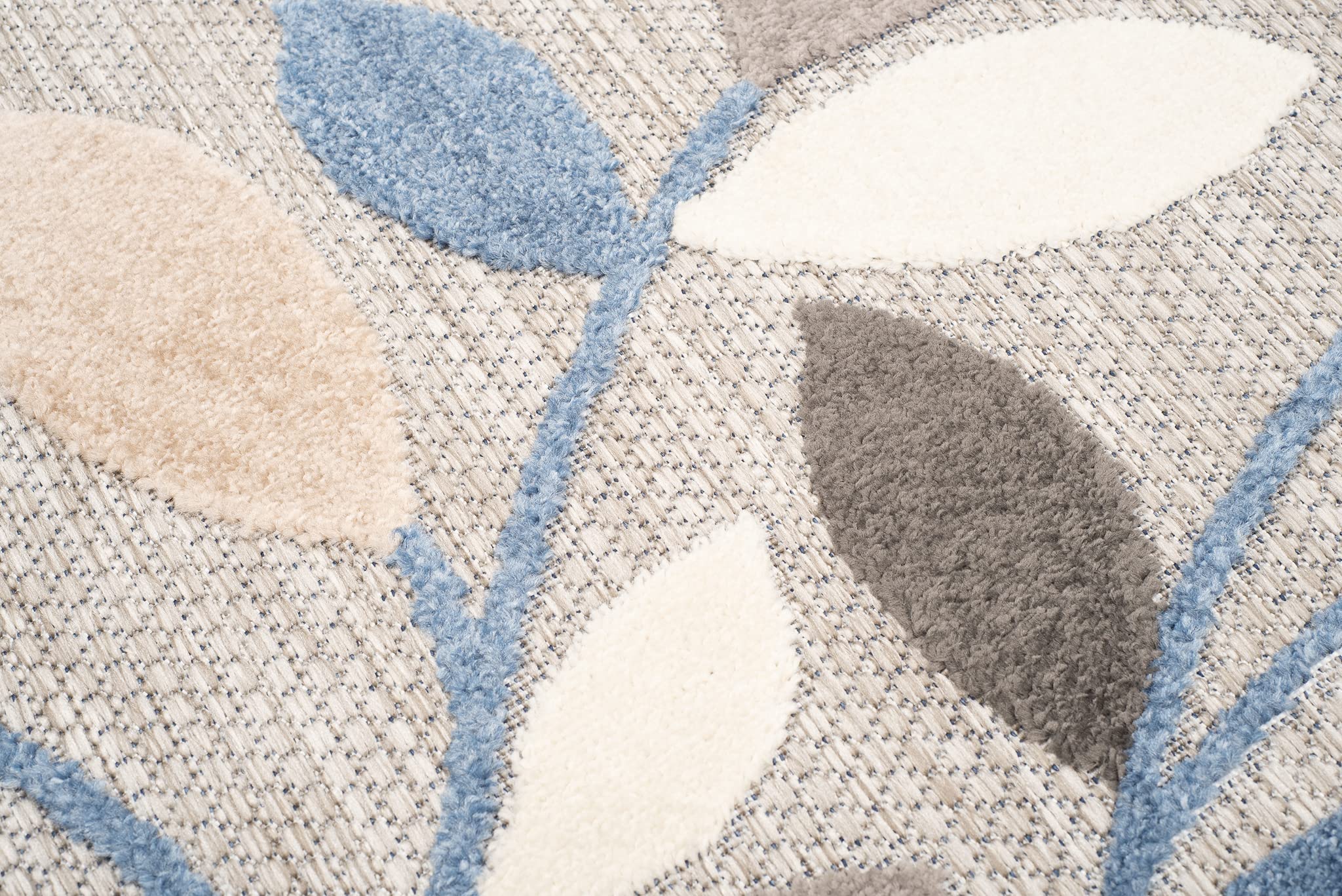 TAPISO Alfombra para terraza, Exterior, Interior, terraza, balcón, jardín de Invierno, Cocina, salón, Moderna, Beige, Azul, Gris, Hojas, Aspecto 3D, Resistente a la Intemperie, Oeko-Tex, 200 x 300 cm