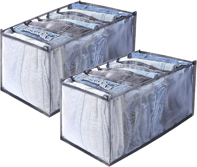 Yoosso 2PCS Clothes Drawer Organisers, 7 Grids Large Size Wardrobe Storage Organiser Clothes Storage Boxes Foldable For Pants Jeans Legging T-shirt Sweater Underwear Socks 14*10*7.5in Grey