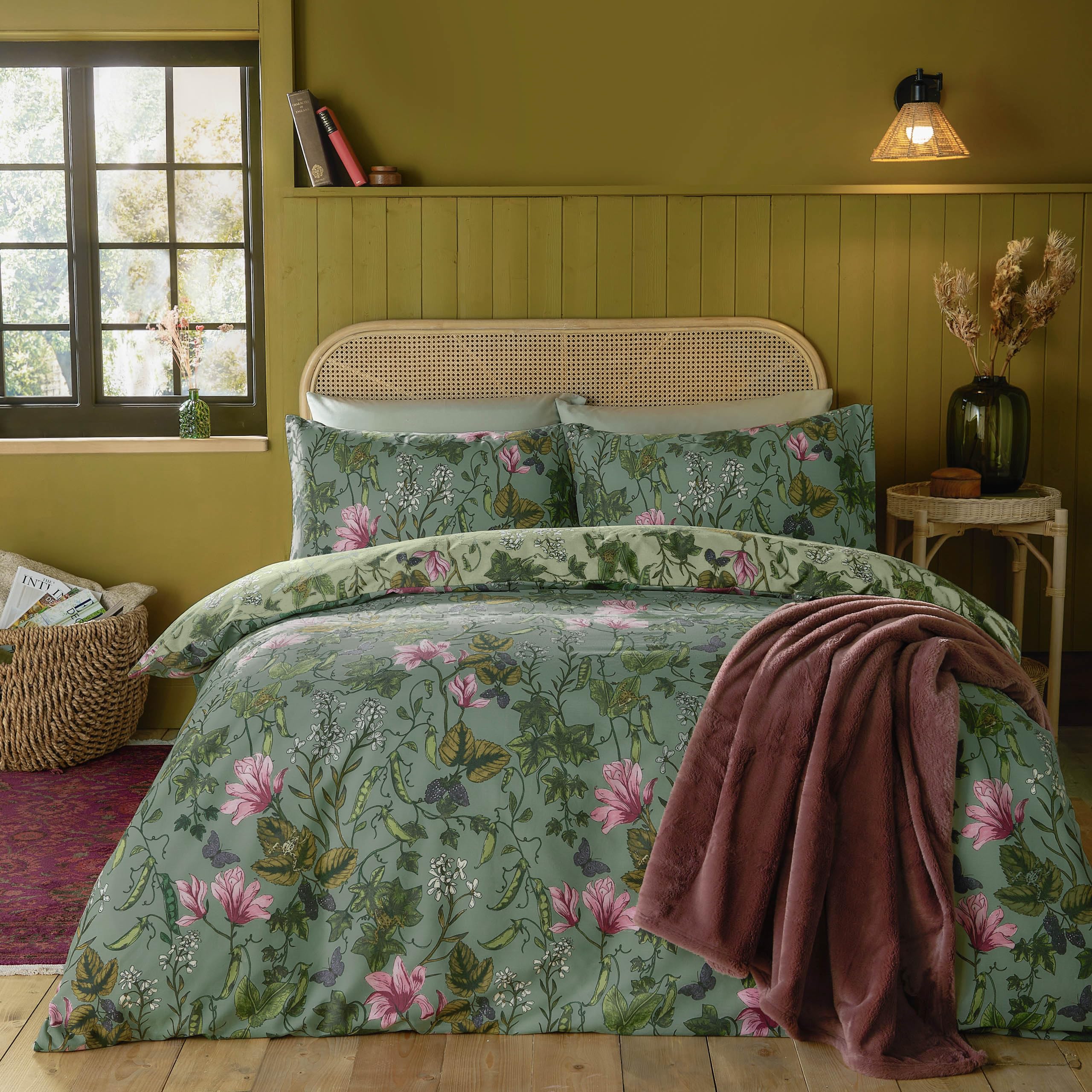 furn. Mystic Berry Set Copripiumino – Reversibile Motivo Floreale Botanico Frutta (Verde – Singolo – 137x200cm)