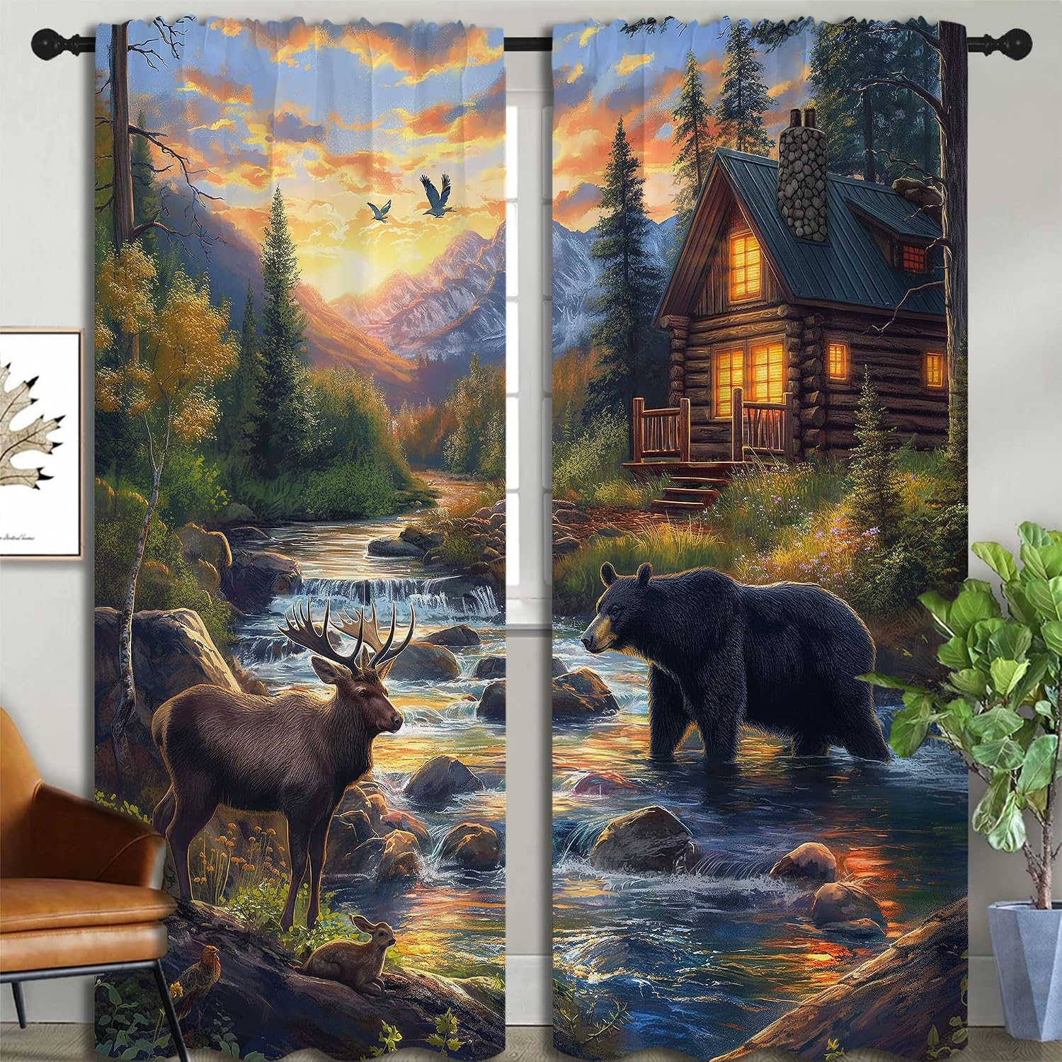 Wild Animal Blackout Curtains for Boys Girl Bedroom Decor,Black Bear Deer Nature Forest Cabin Thermal Insulated Rod Pocket Drapes Darkening Window Curtain for Living Room Home 84x72 inch