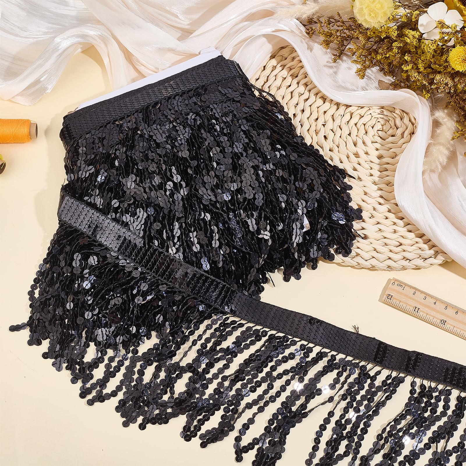 Ribete de Lentejuelas de 10 yarda Y 5.9 pulgadas, Cinta de Borlas con Lentejuelas Brillantes, Borla Decorativa de Lentejuelas Negras para Manualidades.
