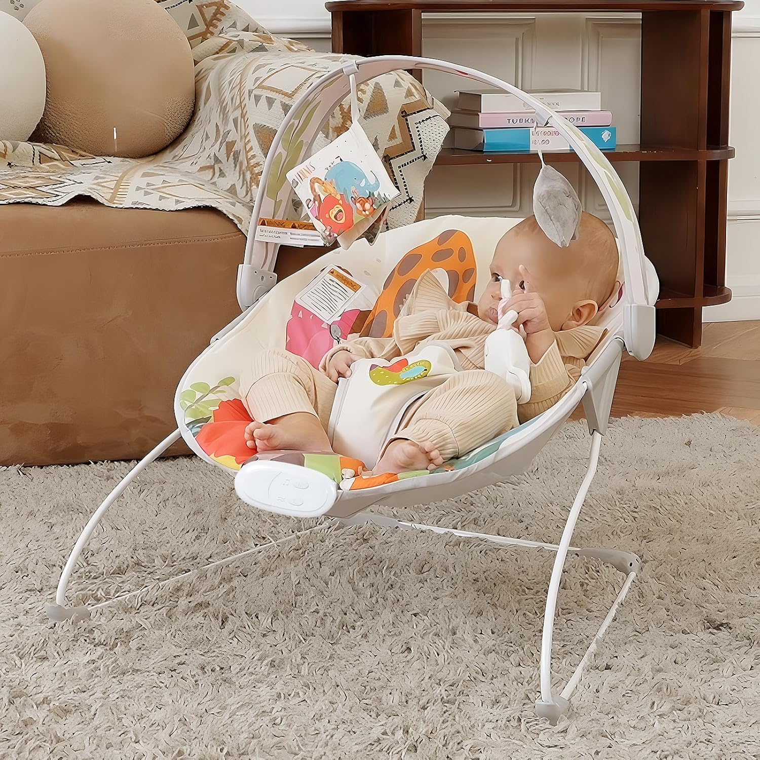 Baby in the AskCat bouncer, showing the full product in a home setting.