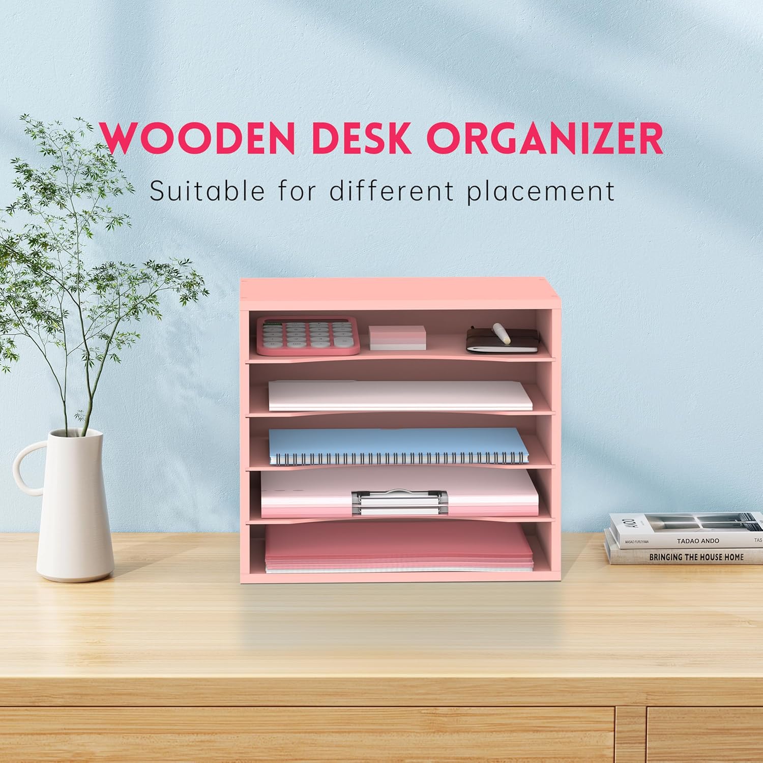 SUPEASY Wooden Desk Organizer in use, holding various office items