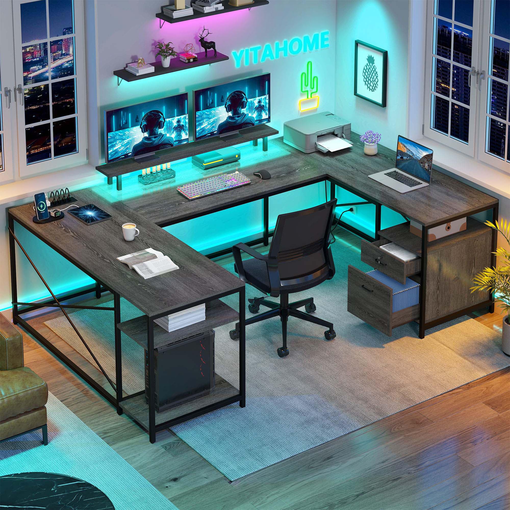 Amazon.com: YITAHOME U Shaped Desk with Power Outlets & LED Lights