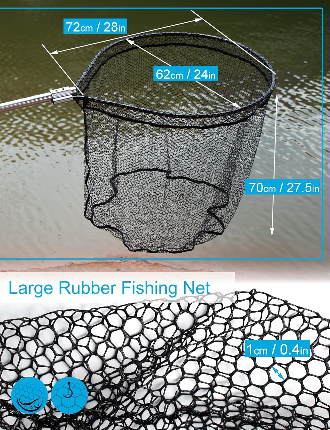 Large Rubber Fishing Net Heavy Duty Extra Large Landing Net with Telescoping Handle, Saltwater Aluminum Fish Net with 6pcs Jig Swimbait, Extends to 72-94in, Depth 27.5in