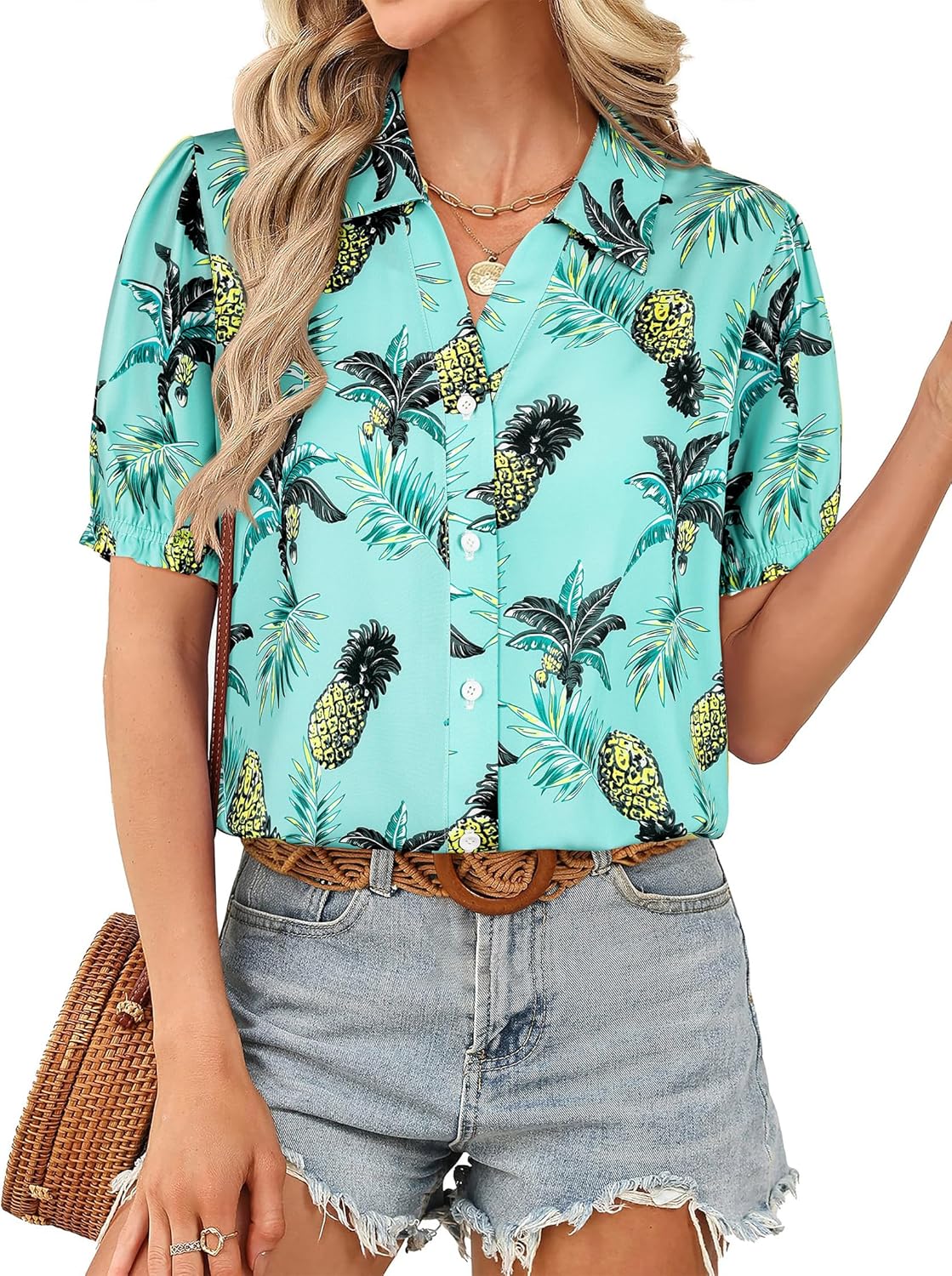 ZXZY Women Hawaiian Shirt Puff Short-Sleeve V Neck T-Shirt Pineapple Graphic Tee Tops Blouse Outfit - Image 7