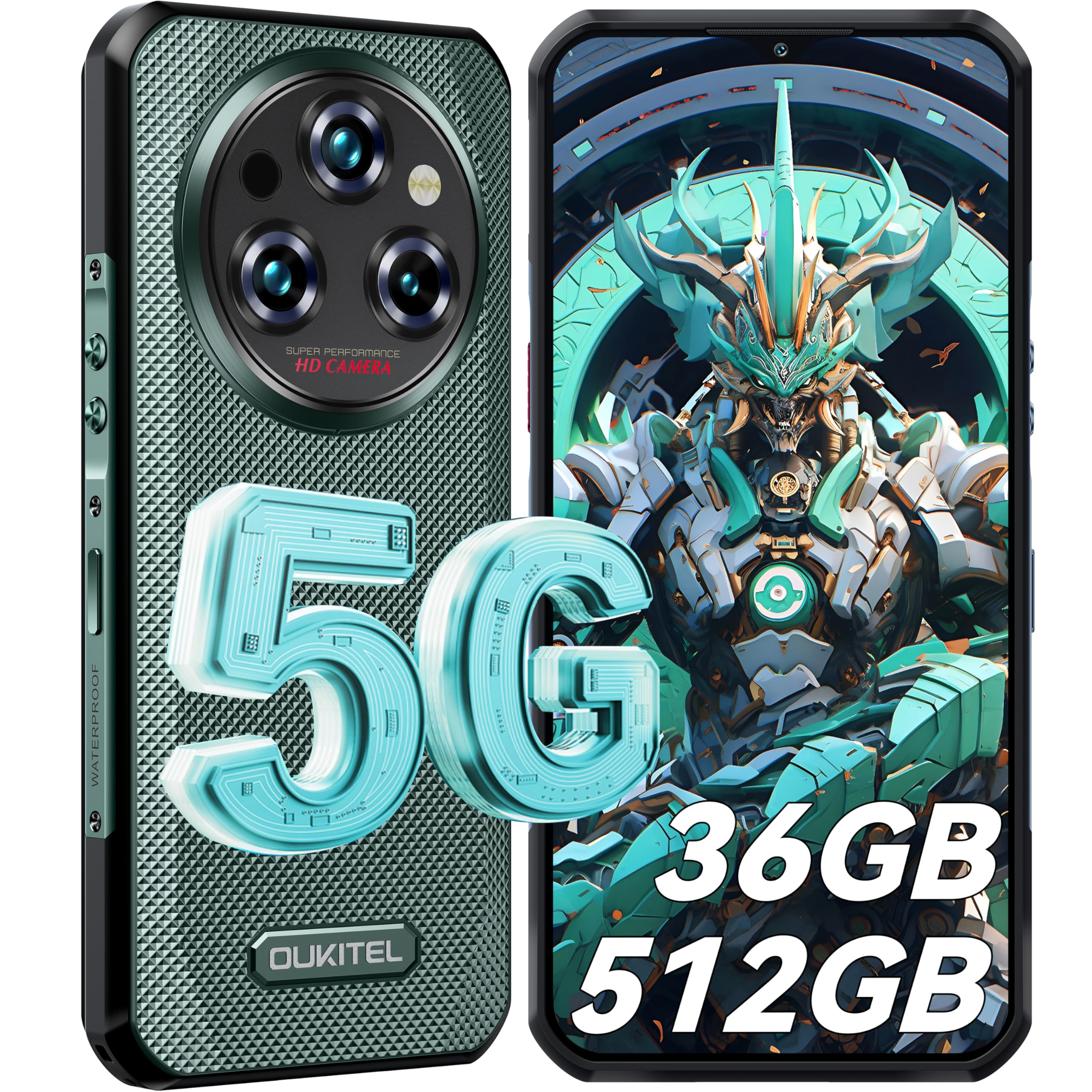 OUKITEL WP35 Pro Rugged Phone 5G - 11000mAh Large Battery Android 14 Rugged Smartphone, 36GB RAM+512GB ROM, 6.6" FHD+ Corning Screen, IP68 Mobile Phone, 64MP+32MP Camera, NFC/BT5.2/GPS, Green