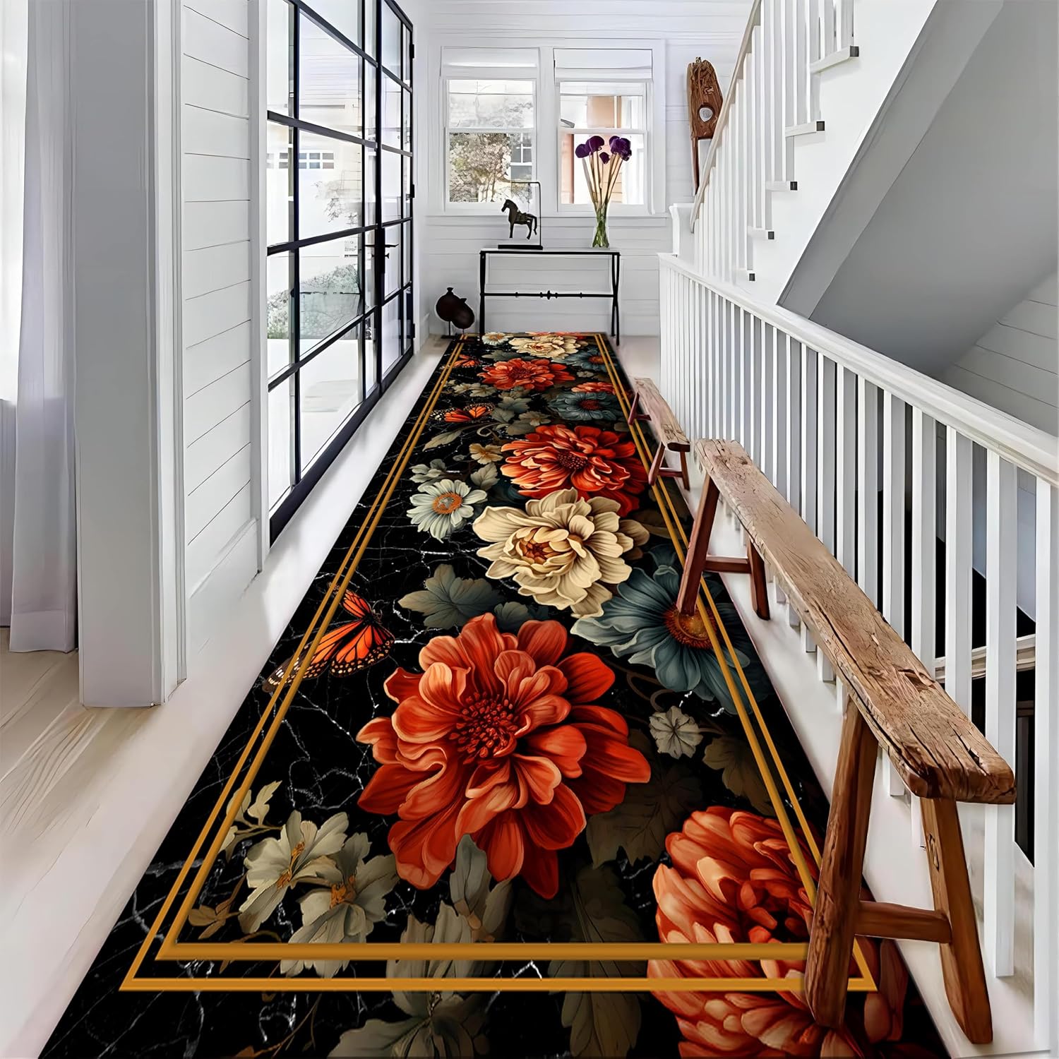 Boho Peony Flower Runner Rugs, 1.3x7ft, Luxury Marble Floral Butterfly Runner for Entryway, Non-Shedding Easy Clean Low Pile Rug, with Non Slip Backing Anti Slip Rug for Sofa Hallway