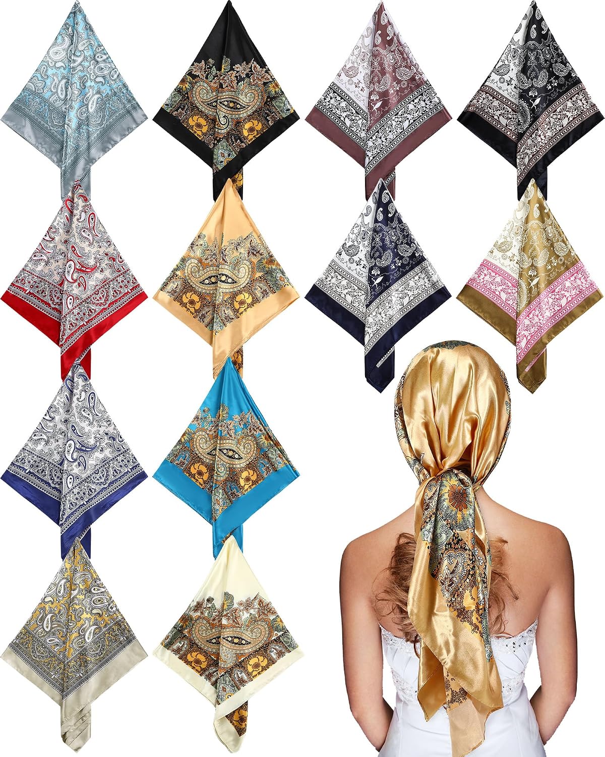 JaGely 12 Pcs 35" Large Square Satin Head Scarf for Women Silk Like Neck Scarves Fashion Hair Wrapping Scarf Vintage Bandanas