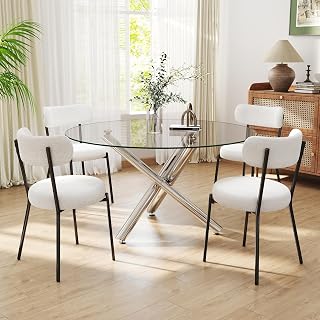 Silver Round Glass Dining Table Set for 4, 47'' Large Modern Kitchen Table Set with 4 White Boucle Upholstered Dining Chairs, 5 Piece Luxury Dining Room Set, Easy Assemble