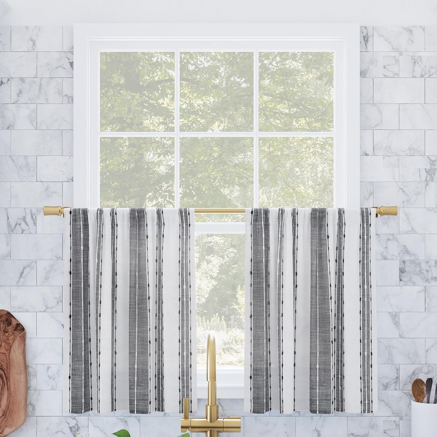 Archaeo Slub Texture Stripe Cotton Cafe Curtain Pair, 52" x 24", Black/White