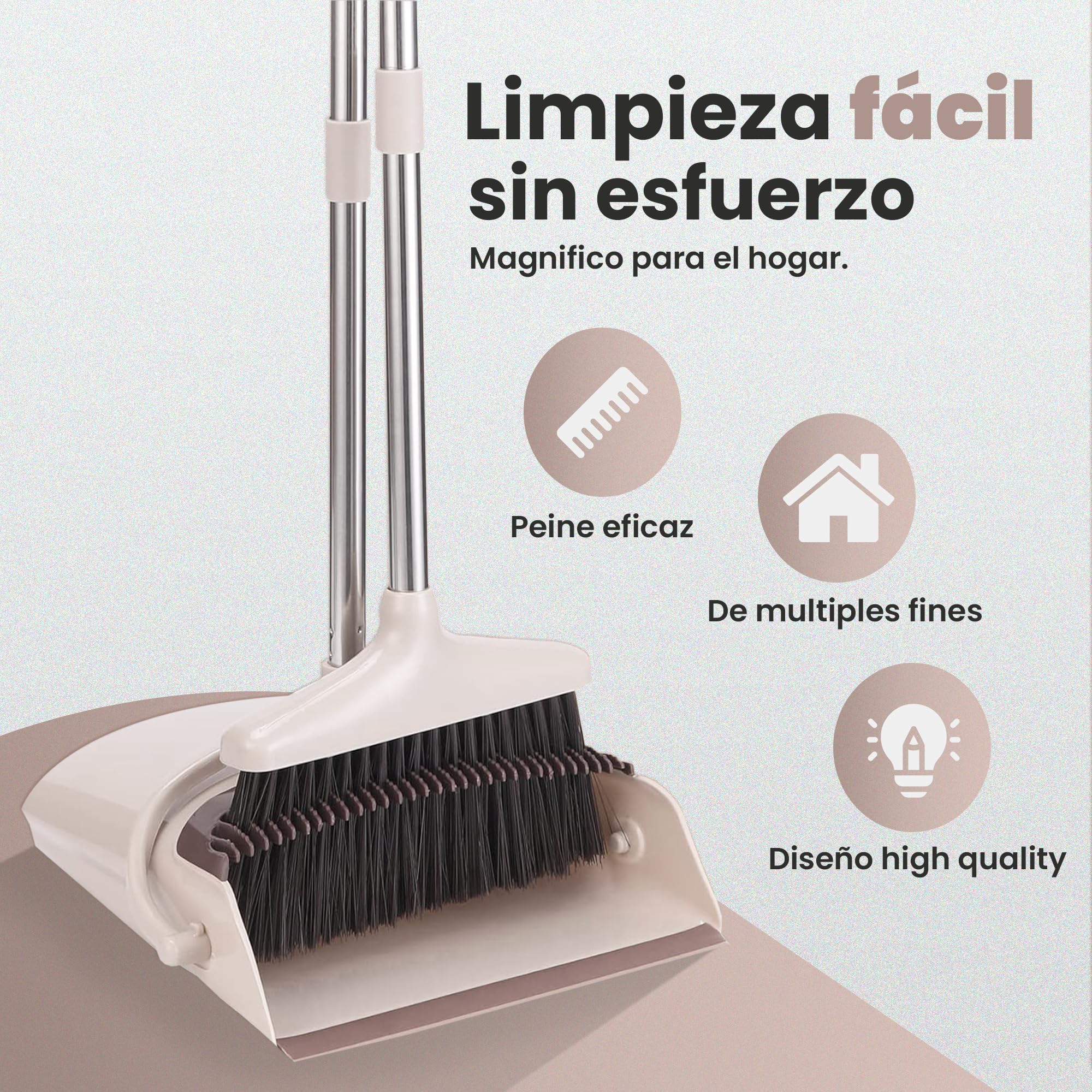 JUPPLIES Escoba y Recogedor Plegable Mango Largo, Juego Barredora Vertical Recogedor Interior para Barrido Casa Beige