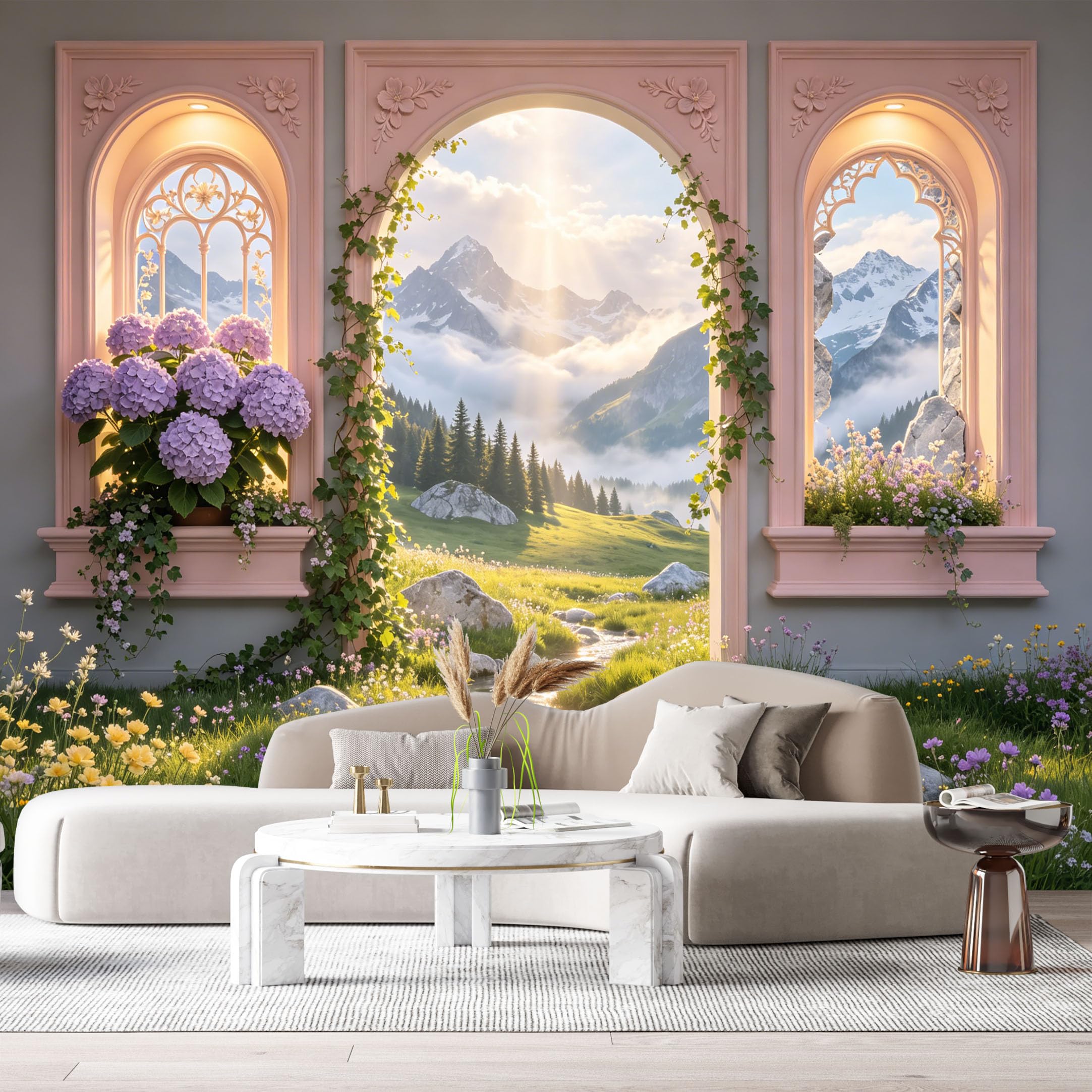 Custom Size Wall Murals Mountain Lake Landscape 3D Trompe L'Oeil Floral Archway Nature Scenic SelfAdhesive Wall Fabric Removable Large Wallpaper for Photo Living Room