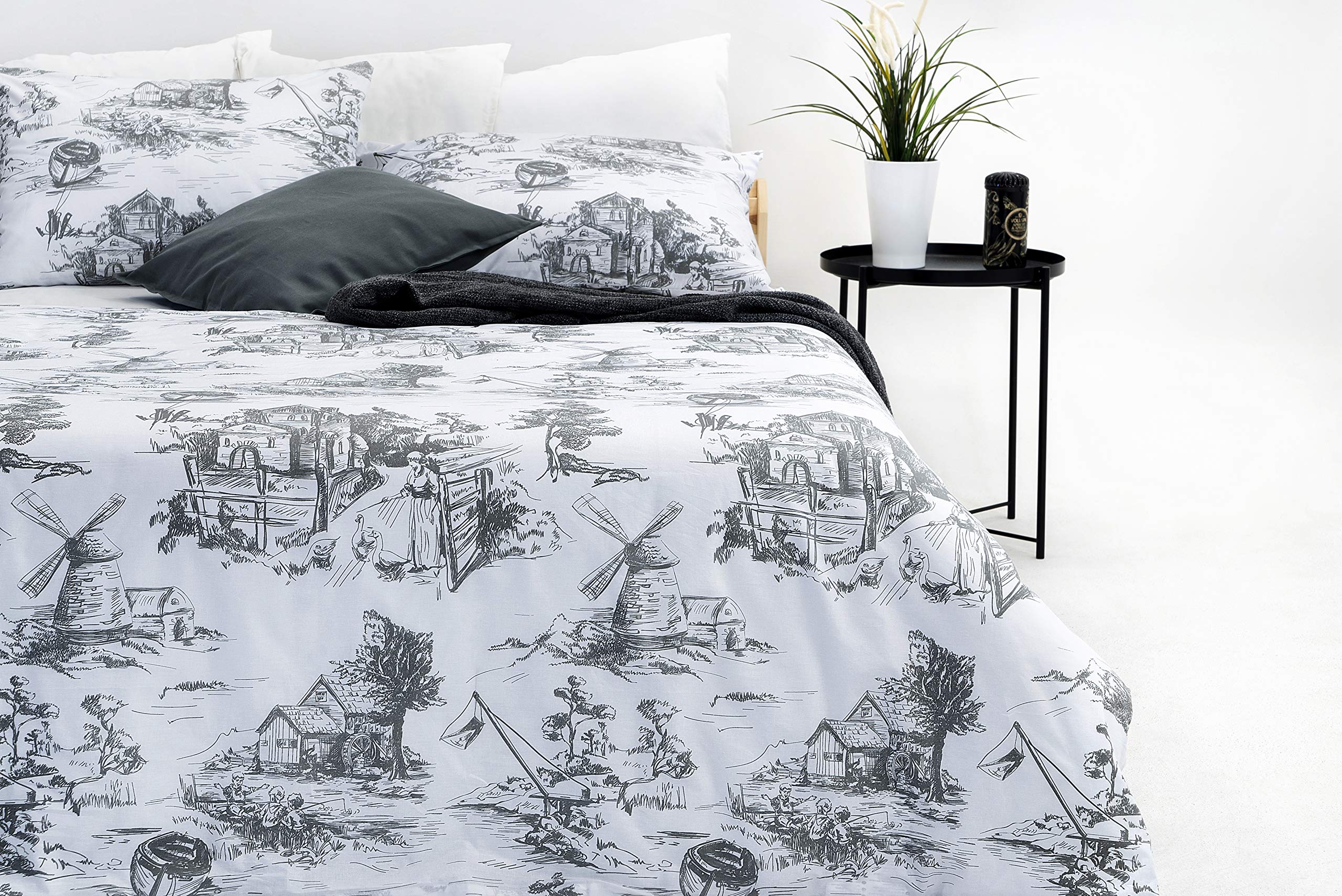 Kingsize Duvet Cover Grey Toile De Jouy Bedding Set Cotton Quilt Cover and Pillowcases By Marsala Home (Toile Grey King Size)