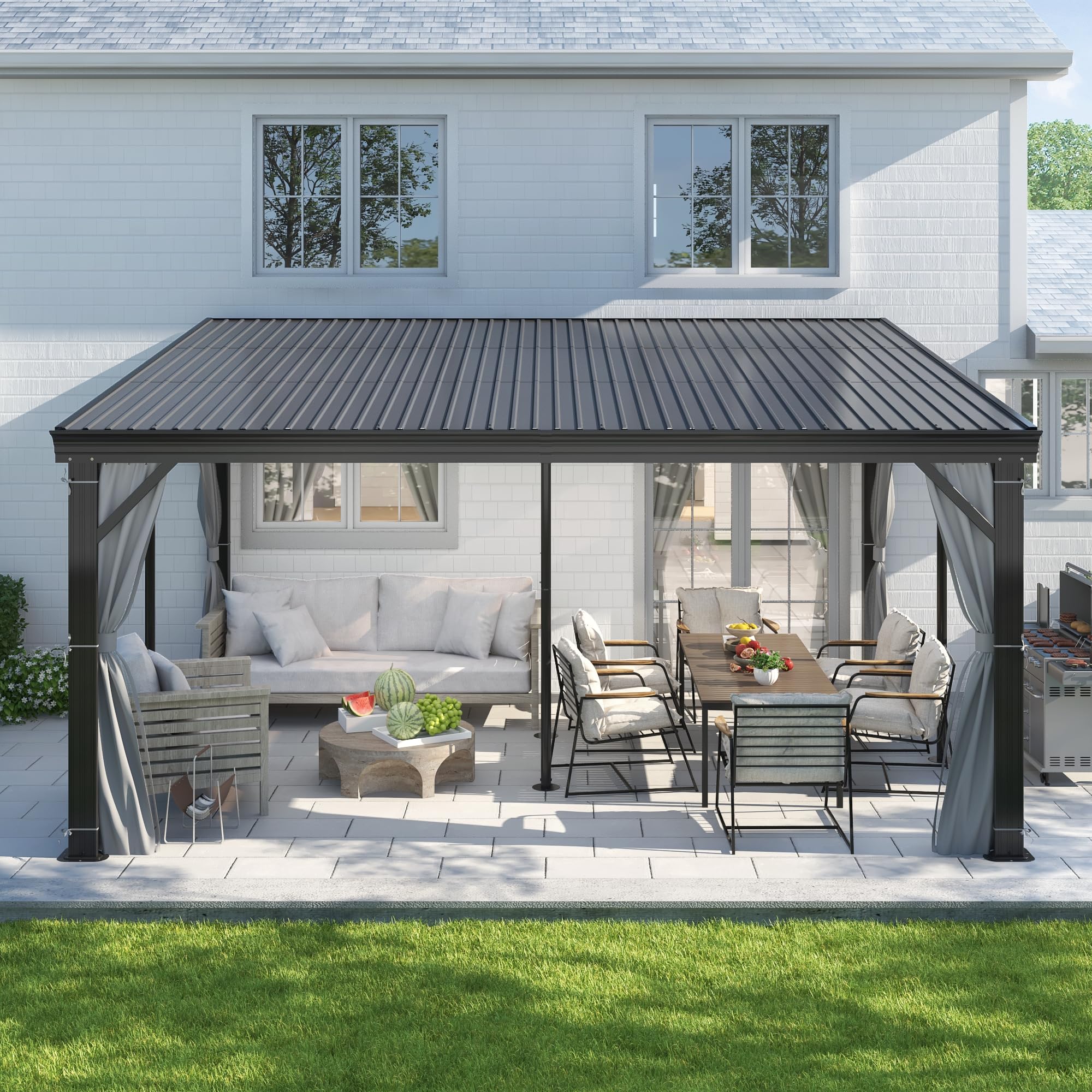 12'x16' Hardtop Wall Mounted Gazebo, Lean to Gazebo with Aluminum Frame, Galvanized Steel Roof Wall Gazebos Pergola with Curtains and Netting for