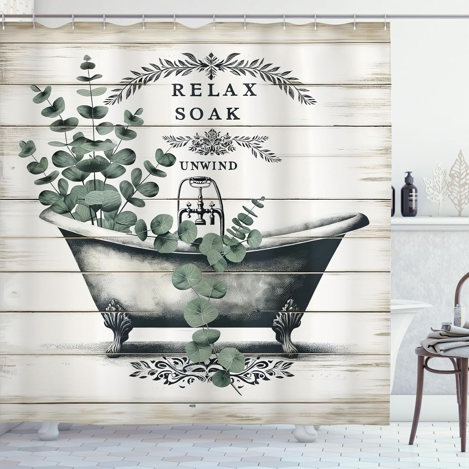 Ambesonne Farmhouse Shower Curtain, Vintage Style Bathtub and Eucalyptus Branches on Rustic Wooden Planks, Cloth Fabric Bathroom Decor Set with Hooks, 69" W x 70" L, Laurel Green Off White