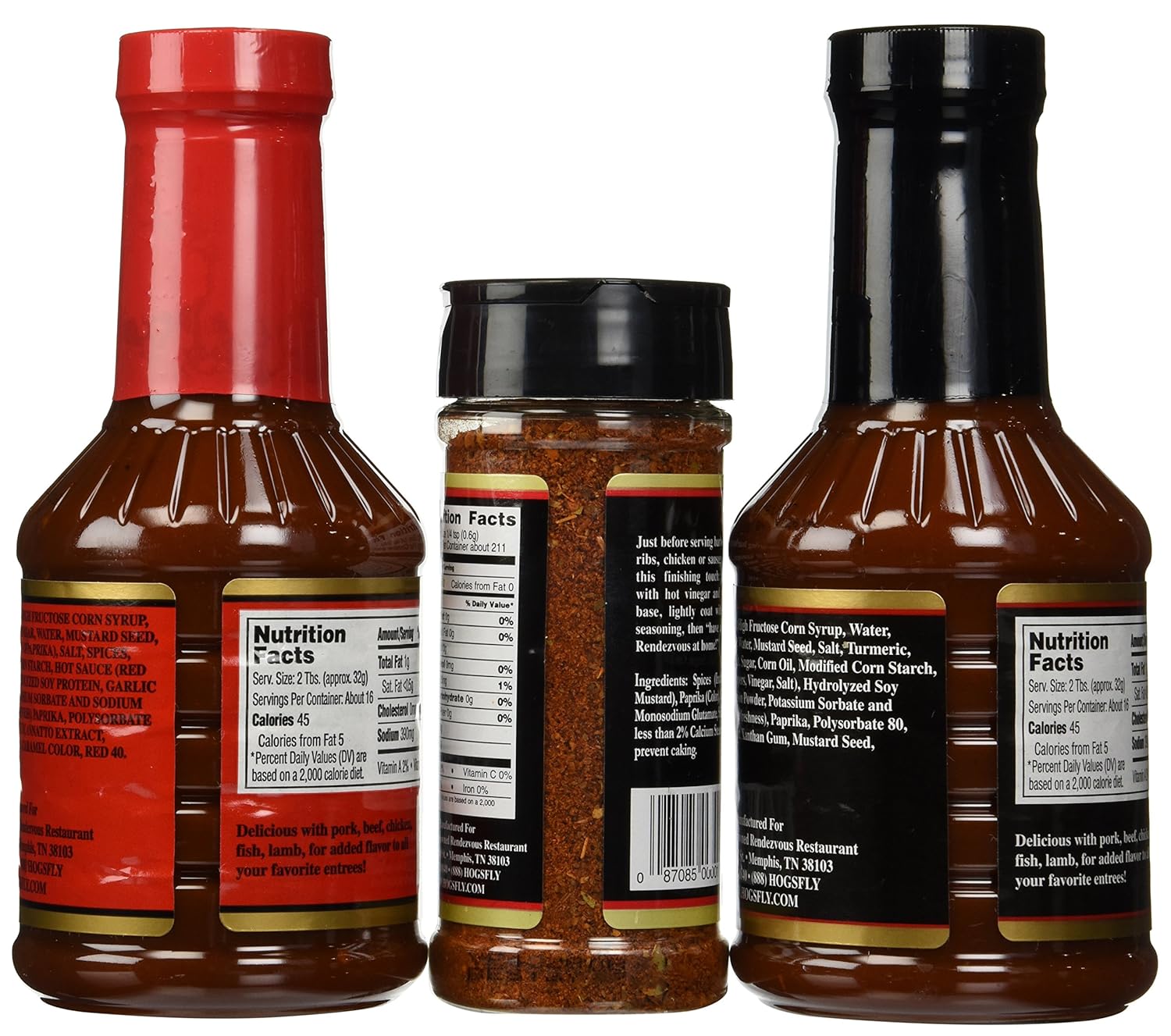Charlie Vergos Rendezvous (Memphis) BBQ Sampler Bundle -- Hot BBQ Sauce, Original BBQ Sauce & Seasoning Rub