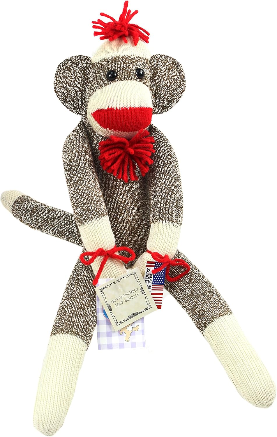 Ozark Mountain Kids The Original Sock Monkey - Featuring Classic Button Eyes, Pom Pom Hat, and Poof Ball Necktie - Measures 19 Inches Tall - Made in the USA