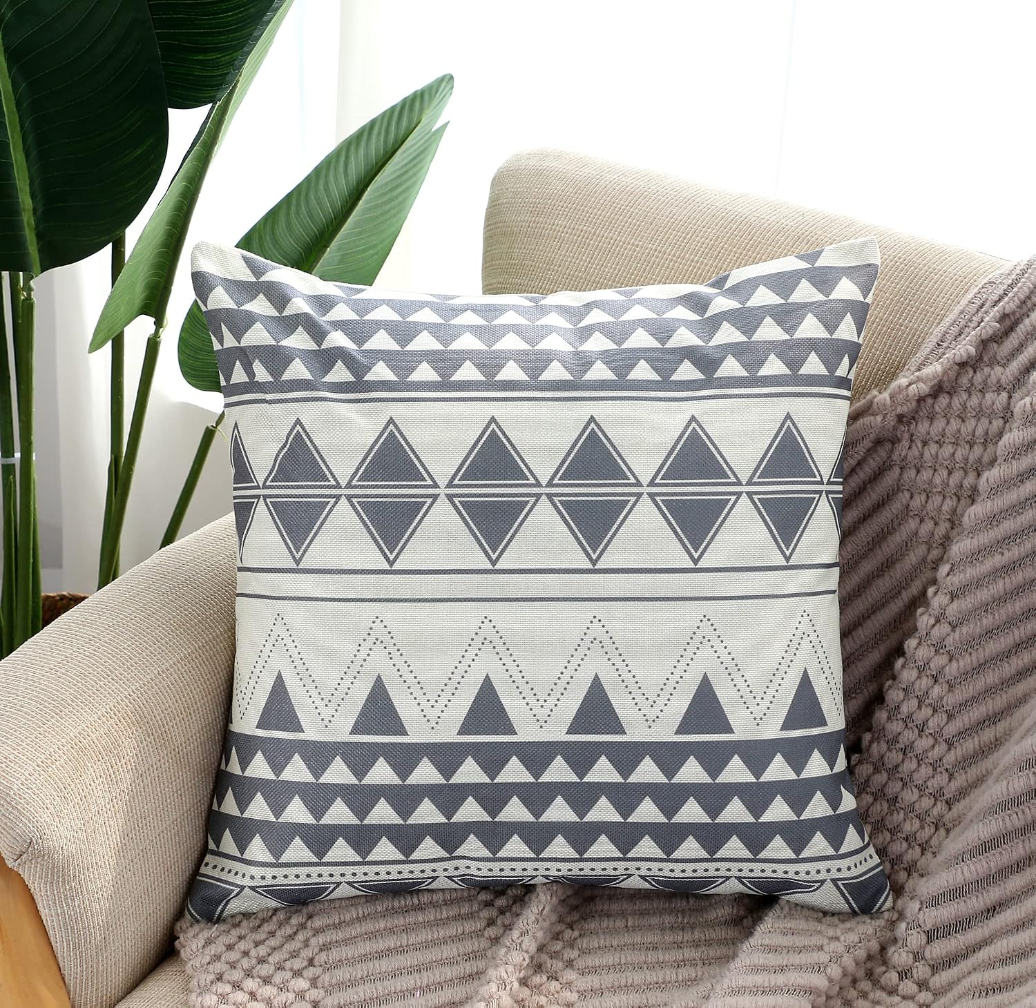 SUNMANT 4PCS Grey and White Throw Pillow Covers 18x18, Square Cream Large Throw Pillow Cover Modern Geometric Decorative Linen for Sofa Couch Chair Bed Living Room Farmhouse Decor Home Gifts, Grey 45
