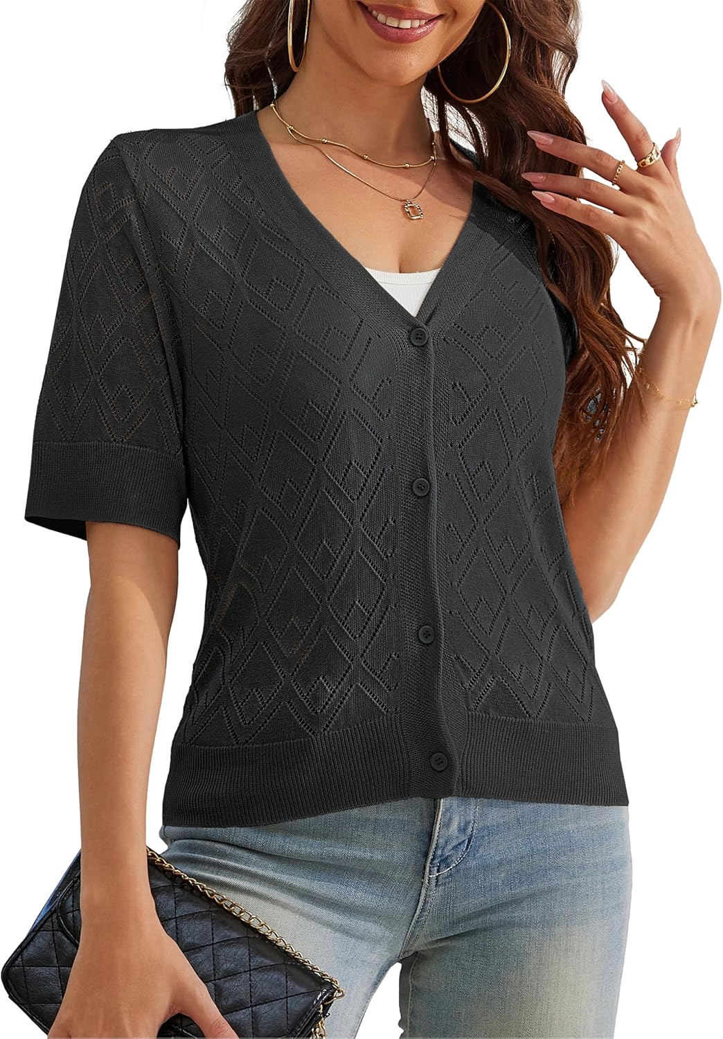 VOIANLIMO Women's Sweater Cropped Knit Long Sleeve Cardigan Lightweight Bolero Short Shrugs V-Neck Button up Tops - Image 2