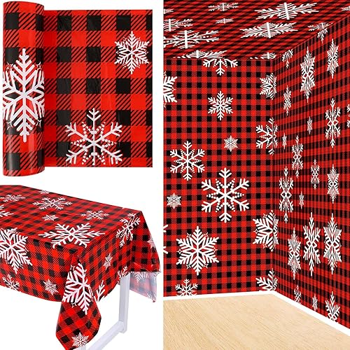 Mantel navideño de 100 pies de largo, diseño de copos de nieve, color negro y rojo, diseño de copos de nieve, decoración de mesa de Navidad para