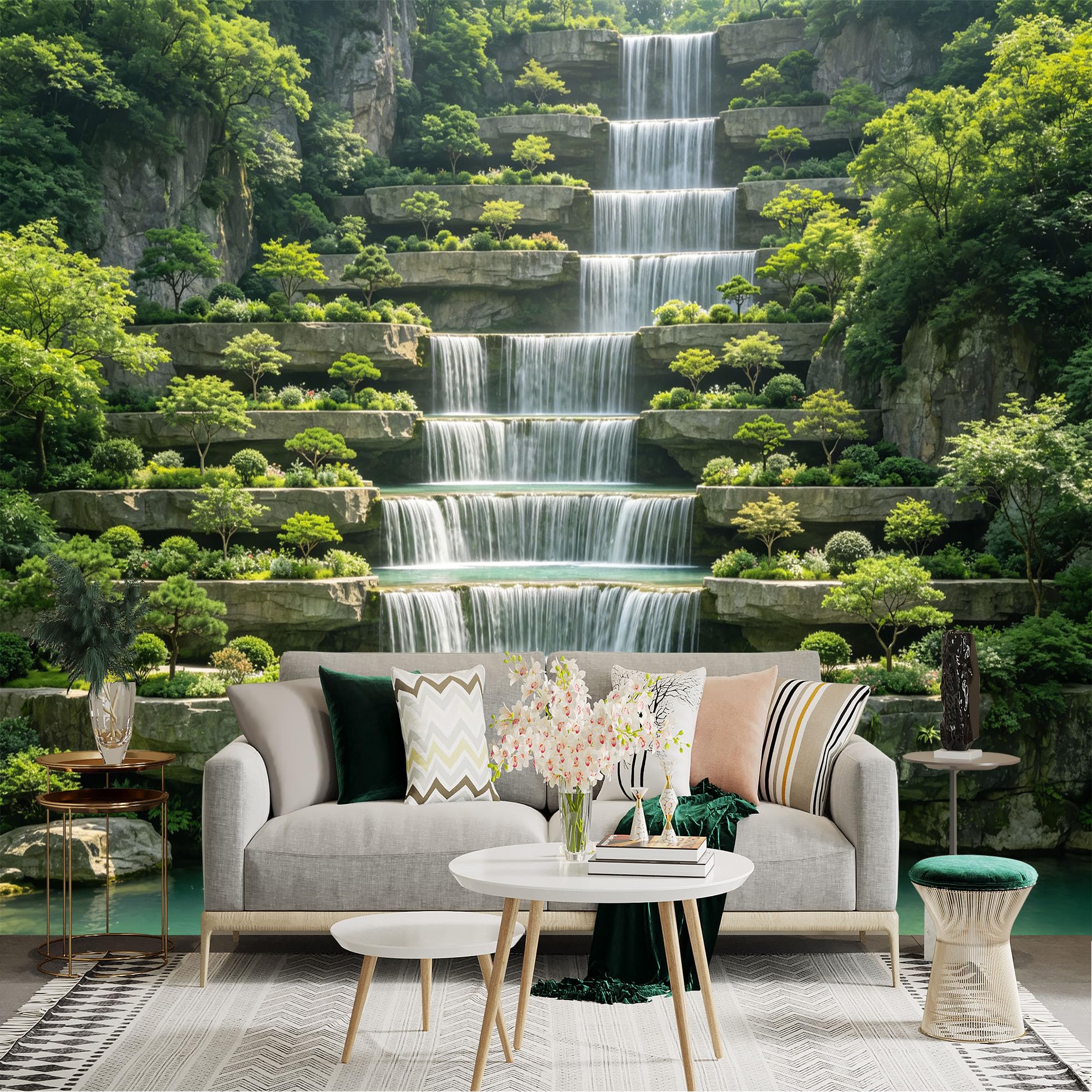 Lnzczhyre Dbh260521388 Custom Size Wall Sticker Mural， Cascading Tiered Waterfall， Lush Green Forest Landscape， Serene Nature Scenery， Tranquil Mountain Stream， For Wall Decoration， Peelandstick Wall Decals.
